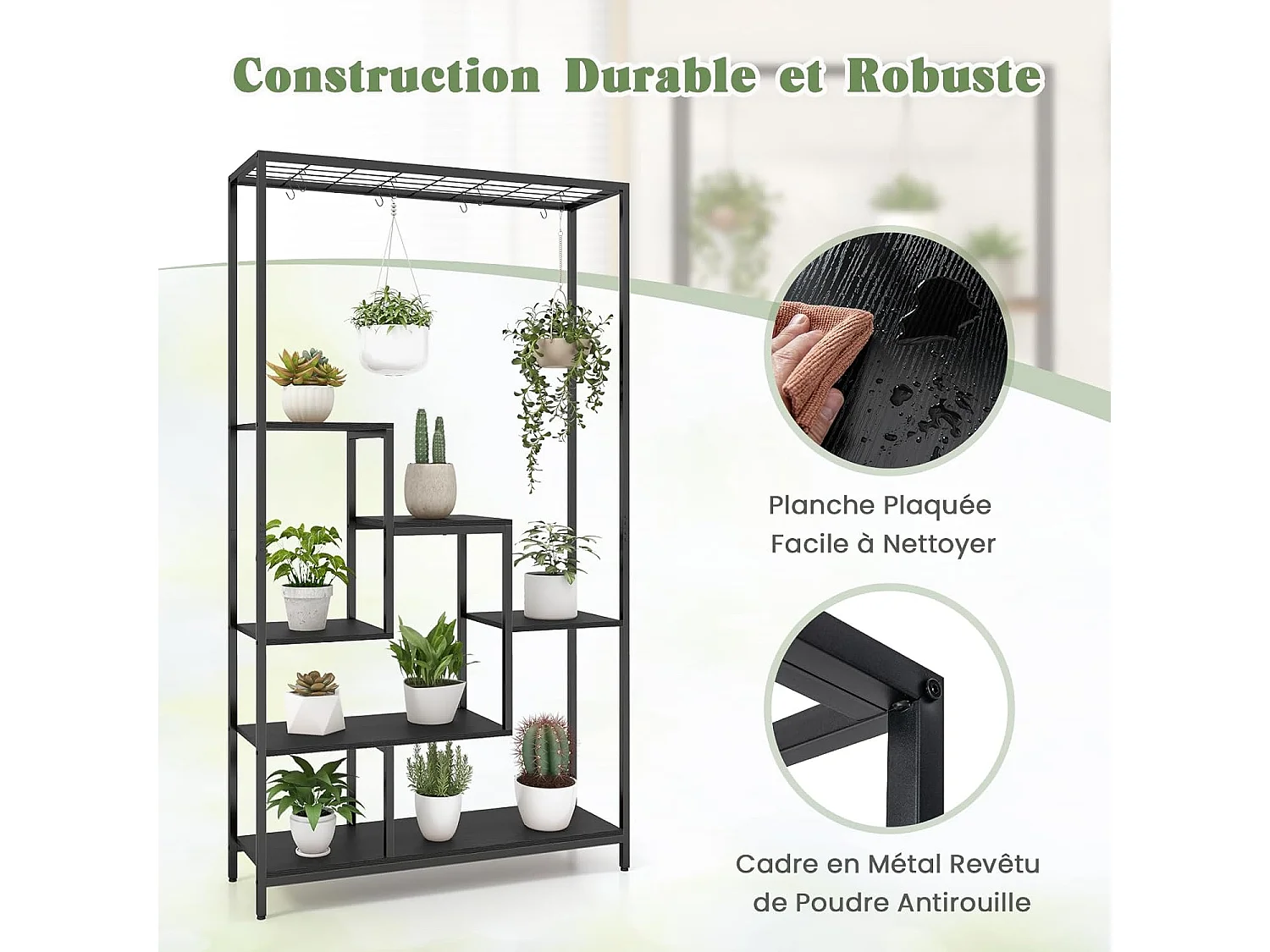 Support pour Plantes en Métal à 6 Niveaux, Étagère de Plantes Dispositif Anti-basculement avec 10 Crochets, Charge de Chaque Niveau 10KG, 100 x 30 x 180 cm (Noir)