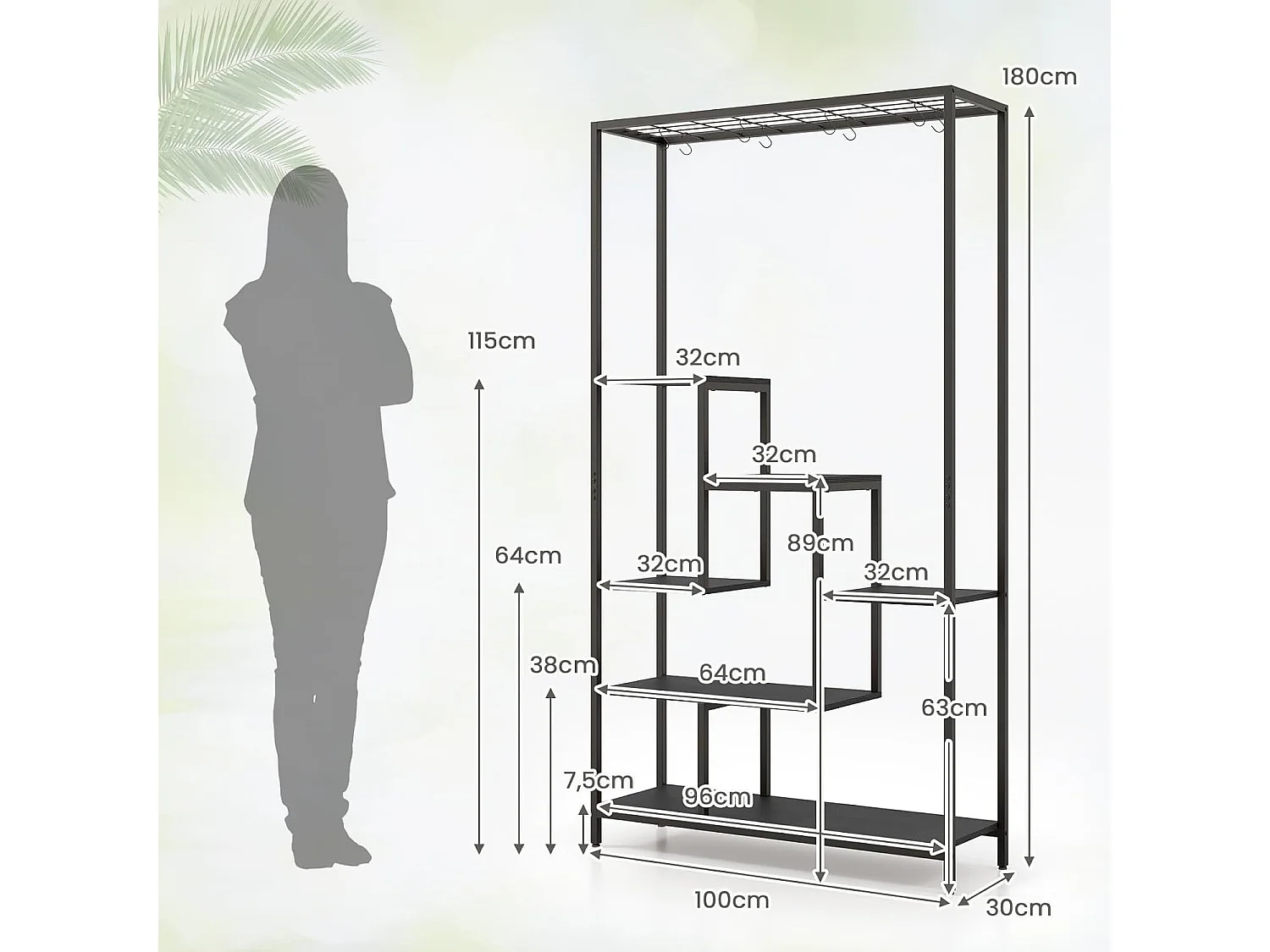 Support pour Plantes en Métal à 6 Niveaux, Étagère de Plantes Dispositif Anti-basculement avec 10 Crochets, Charge de Chaque Niveau 10KG, 100 x 30 x 180 cm (Noir)