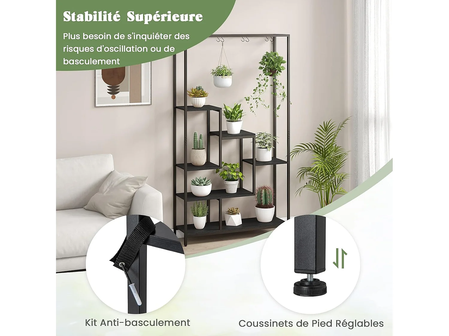 Support pour Plantes en Métal à 6 Niveaux, Étagère de Plantes Dispositif Anti-basculement avec 10 Crochets, Charge de Chaque Niveau 10KG, 100 x 30 x 180 cm (Noir)