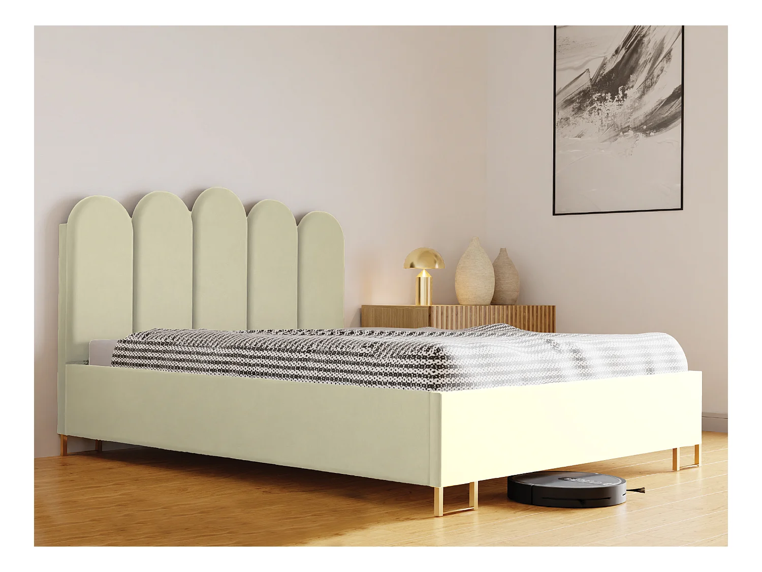 Łóżko tapicerowane MALAGA, wezgłowie, obicie VELUTTO, pojemnik na pościel, podnośnik gazowy, wysokość spania 39 cm, 200x200 cm, Beżowy