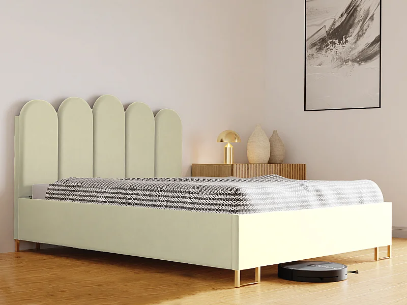 Lit MALAGA, tête de lit rembourrée, revêtement VELUTTO haut de gamme, coffre avec vérins à gaz, hauteur confort 39 cm, 200x200 cm, Beige