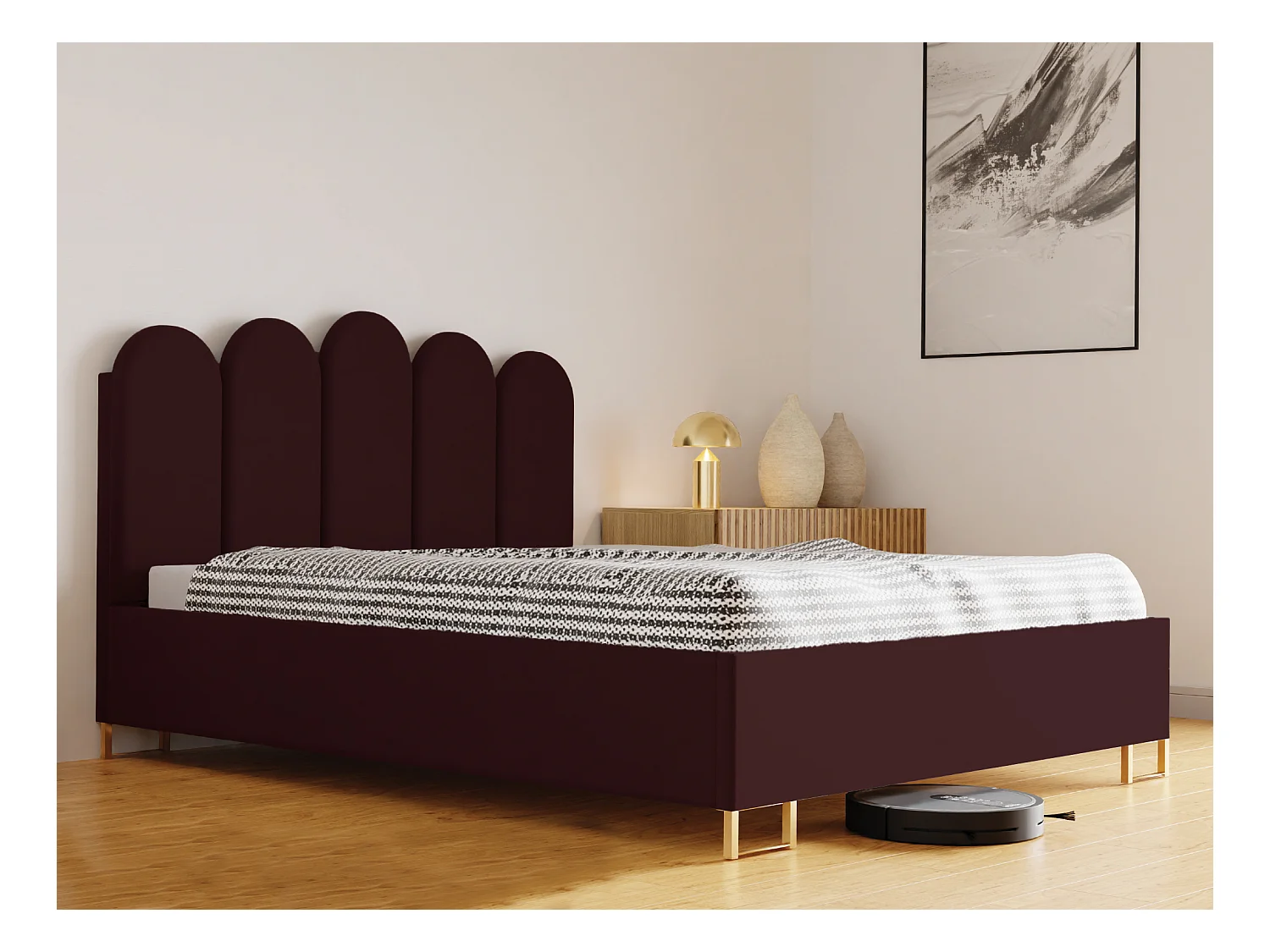 Lit MALAGA rembourré, tissu MONOLITH, coffre avec vérins à gaz, hauteur 39 cm, 120×200 cm, cerise