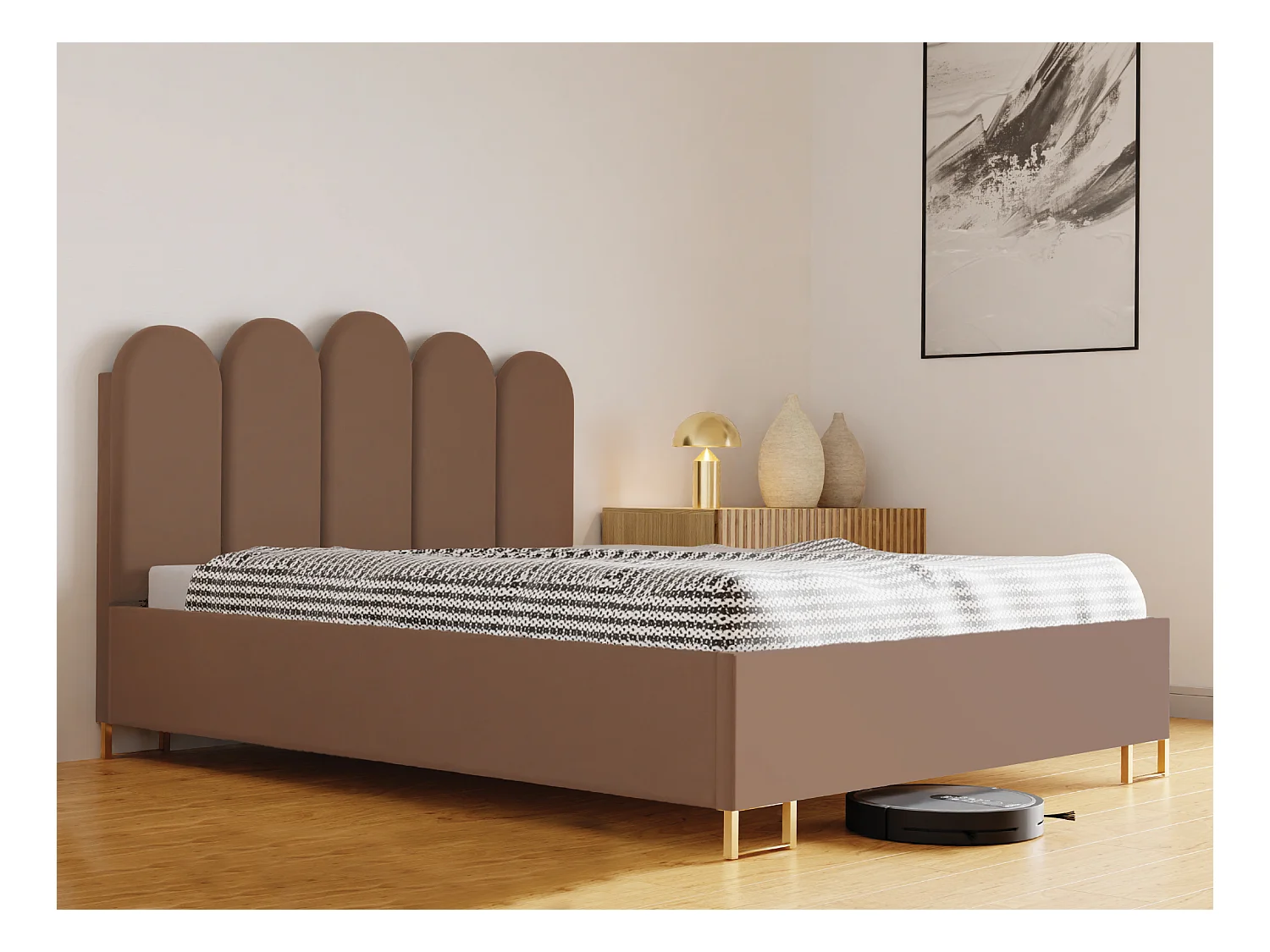 MALAGA gestoffeerd bed, MONOLITH-stof, opbergruimte met gasveer, hoofdbord, 140×200 cm, Lichtbruin