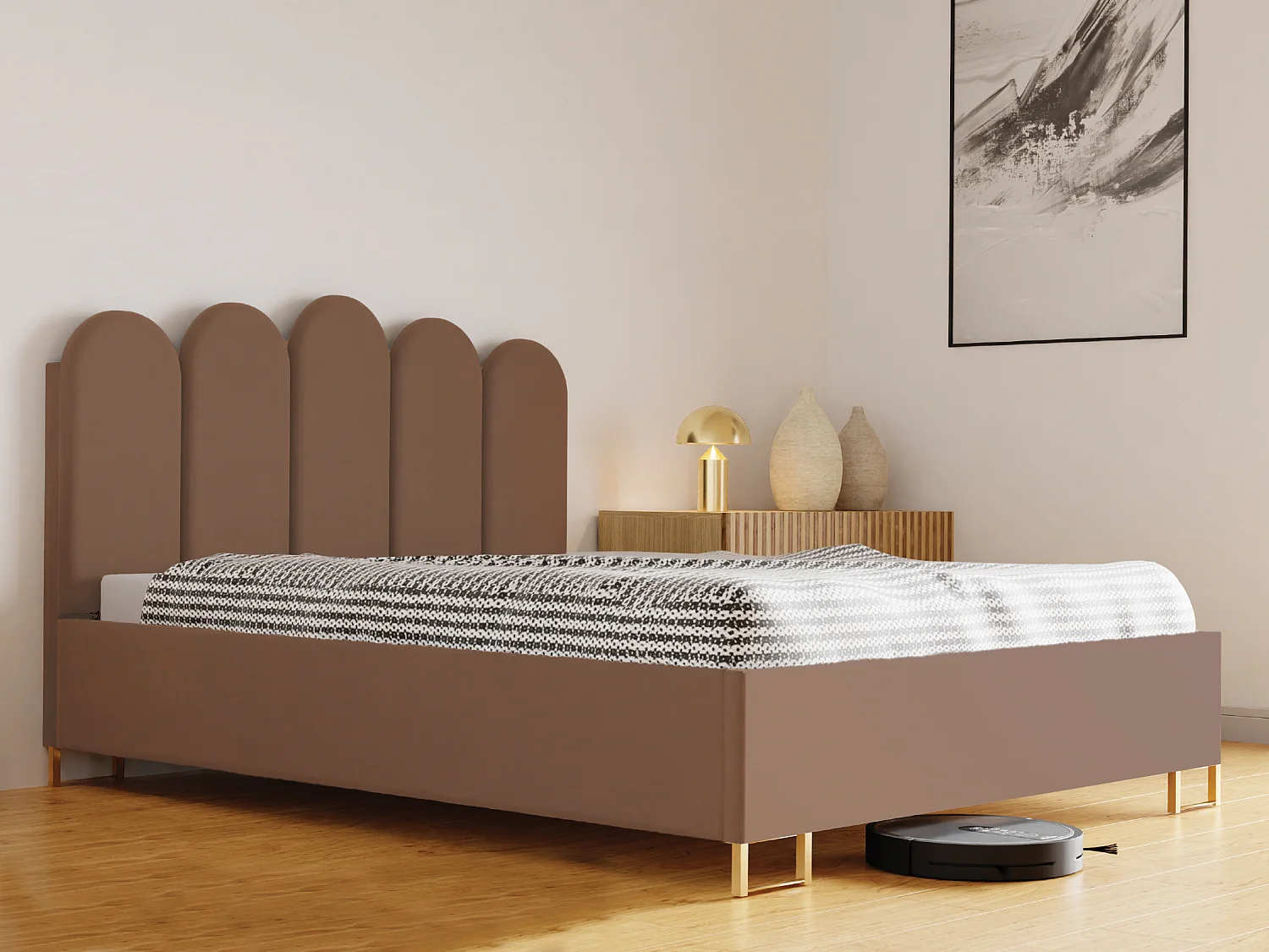 Cama tapizada MALAGA con cabecero, tela MONOLITH, contenedor, pistón de gas, alt. 39 cm, 140×200 cm, marrón claro