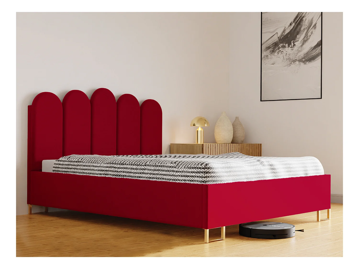 Lit MALAGA, tête de lit rembourrée, revêtement VELUTTO haut de gamme, coffre avec vérins à gaz, hauteur confort 39 cm, 160x200 cm, Rouge