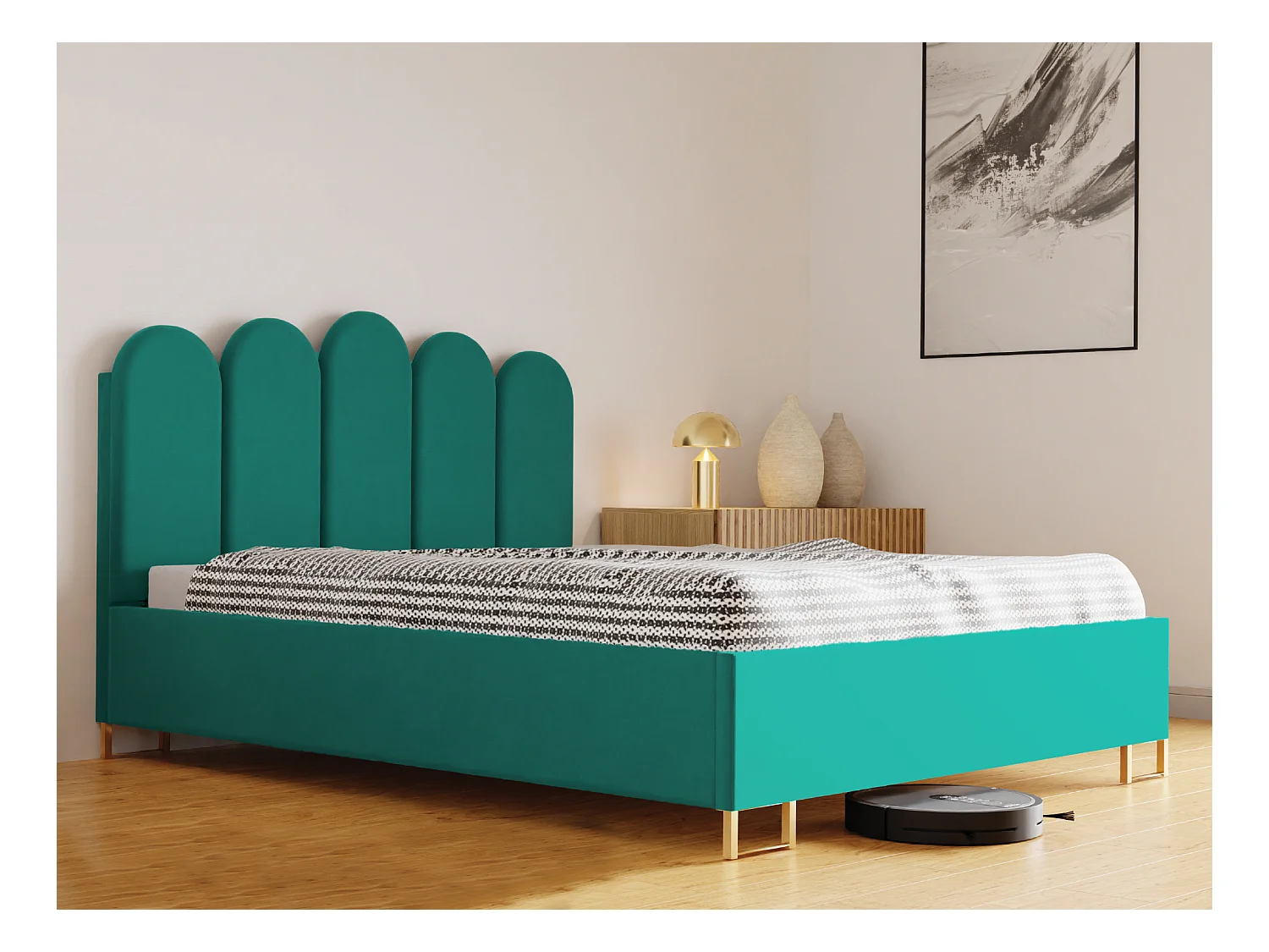 Łóżko tapicerowane MALAGA, wezgłowie, obicie VELUTTO, pojemnik na pościel, podnośnik gazowy, wysokość spania 39 cm, 200x200 cm, Zielony