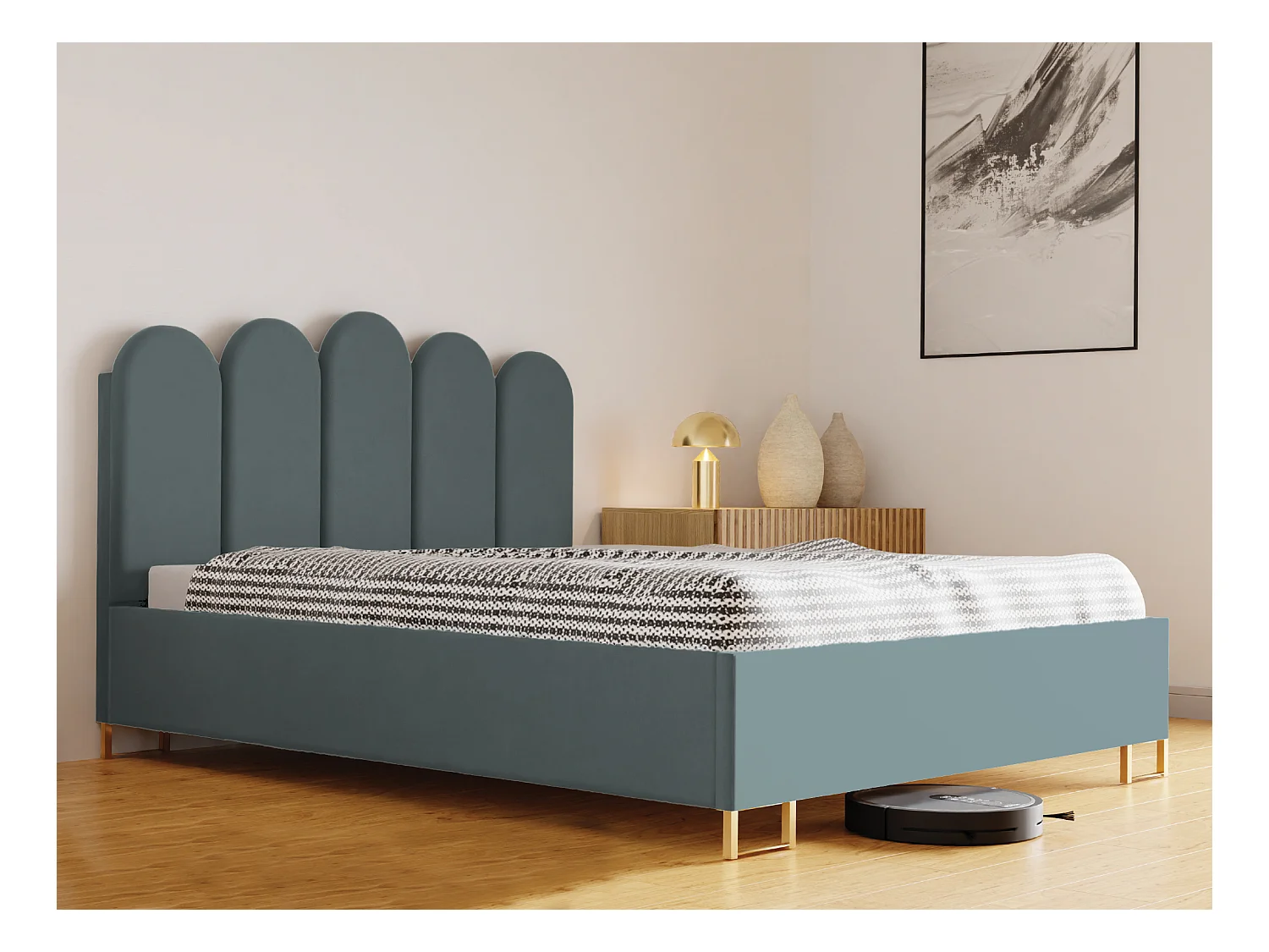 Letto imbottito MALAGA, testiera, rivestimento VELUTTO, box contenitore con pistone a gas, altezza letto 39 cm, 140x200 cm, Verde polvere