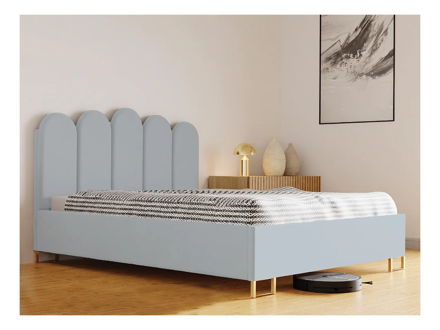 Lit MALAGA rembourré, tissu MONOLITH, coffre avec vérins à gaz, hauteur 39 cm, 160×200 cm, bleu