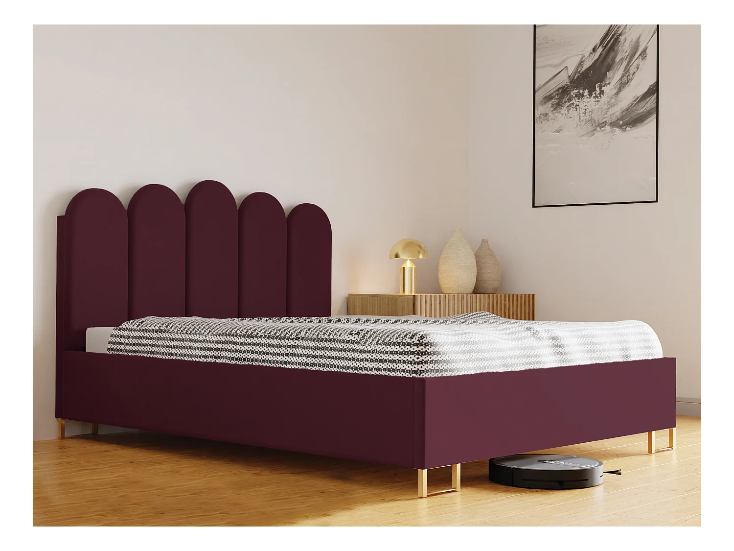 Lit MALAGA, tête de lit rembourrée, revêtement VELUTTO haut de gamme, coffre avec vérins à gaz, hauteur confort 39 cm, 180x200 cm, Cerise