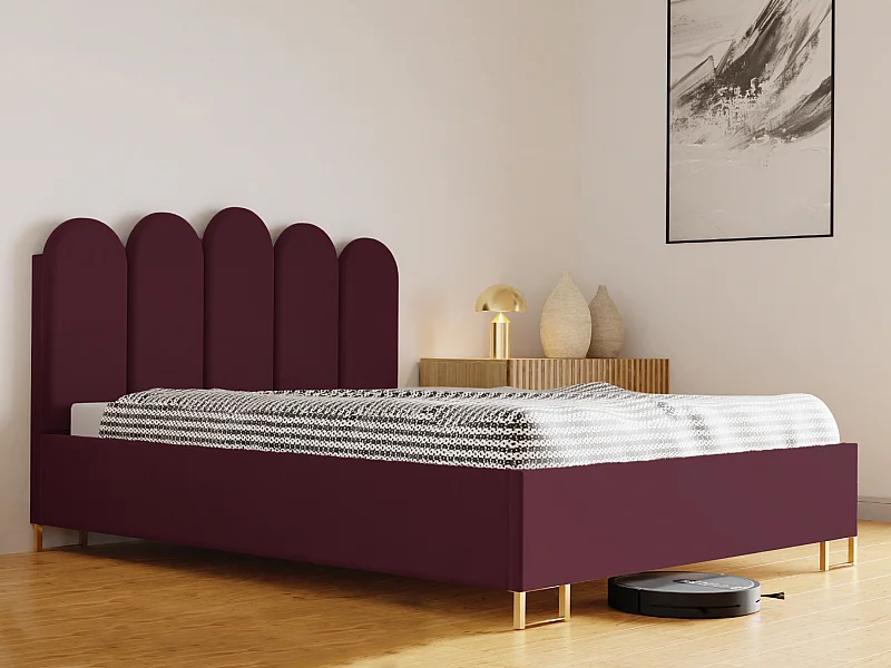 Cama estofada MALAGA, cabeceira acolchoada, tecido VELUTTO premium, baú com pistão a gás, altura confortável 39 cm, 180x200 cm, Cereja