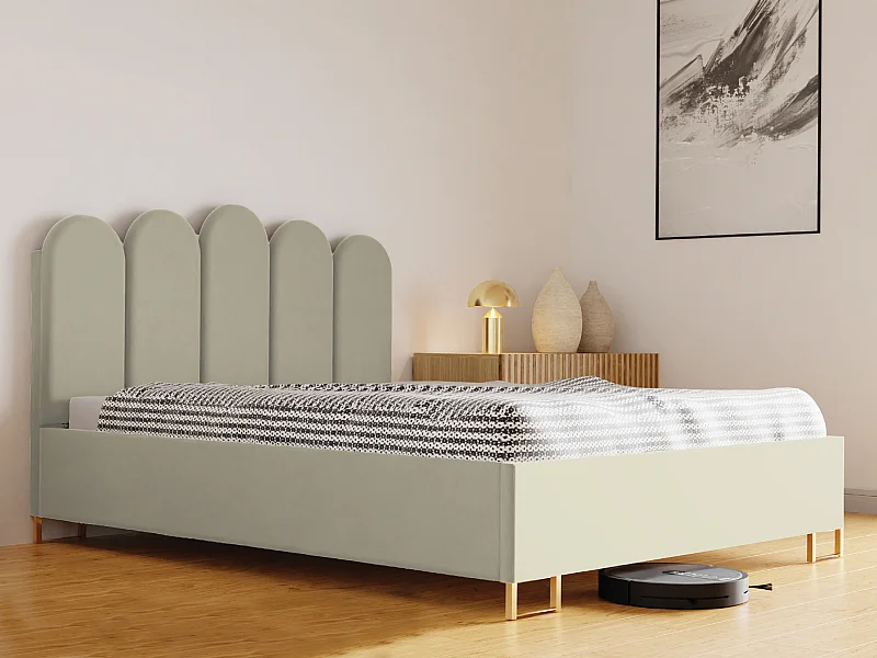 Łóżko tapicerowane MALAGA, wezgłowie, obicie VELUTTO, pojemnik na pościel, podnośnik gazowy, wysokość spania 39 cm, 120x200 cm, Limonkowy