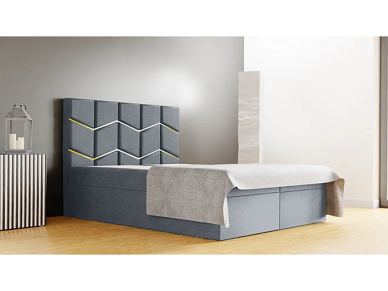 Schlafzimmer-Polsterbett FOREST 160x200 cm – Stauraum, Monolit-Polsterstoff, Schlafhöhe 50 cm, elegantes Kopfteil, Gasdruckfedern, inkl. Topper Silber