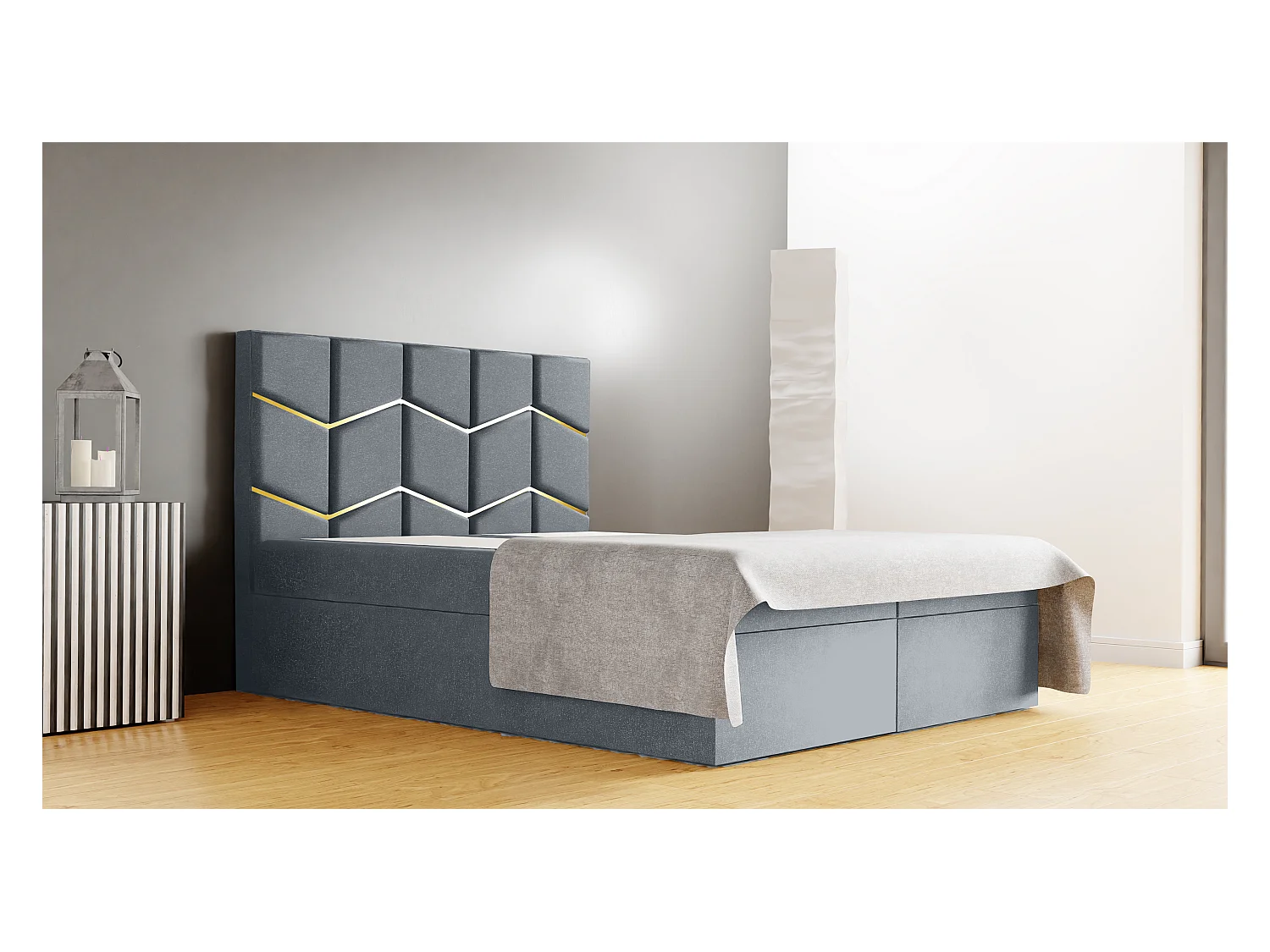 Letto imbottito FOREST 160x200x133 cm, vano contenitore, tessuto Monolith, H 50 cm, testiera elegante, sollevamento a gas, topper Argento