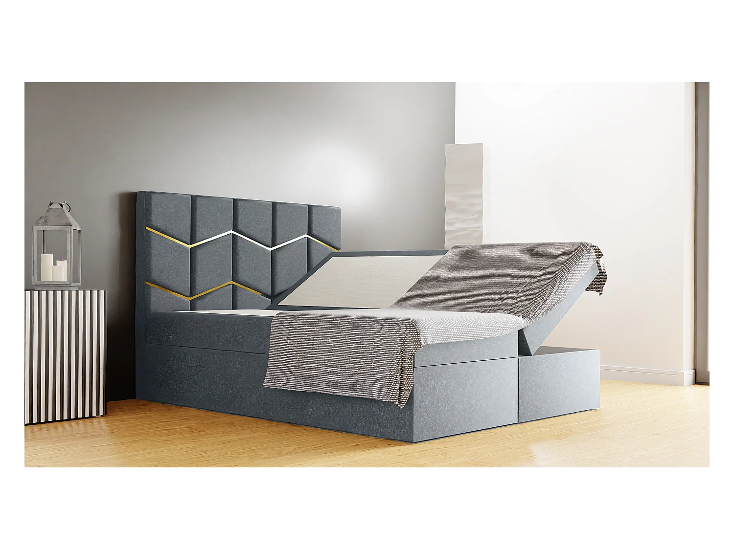 Letto imbottito FOREST 160x200x133 cm, vano contenitore, tessuto Monolith, H 50 cm, testiera elegante, sollevamento a gas, topper Argento