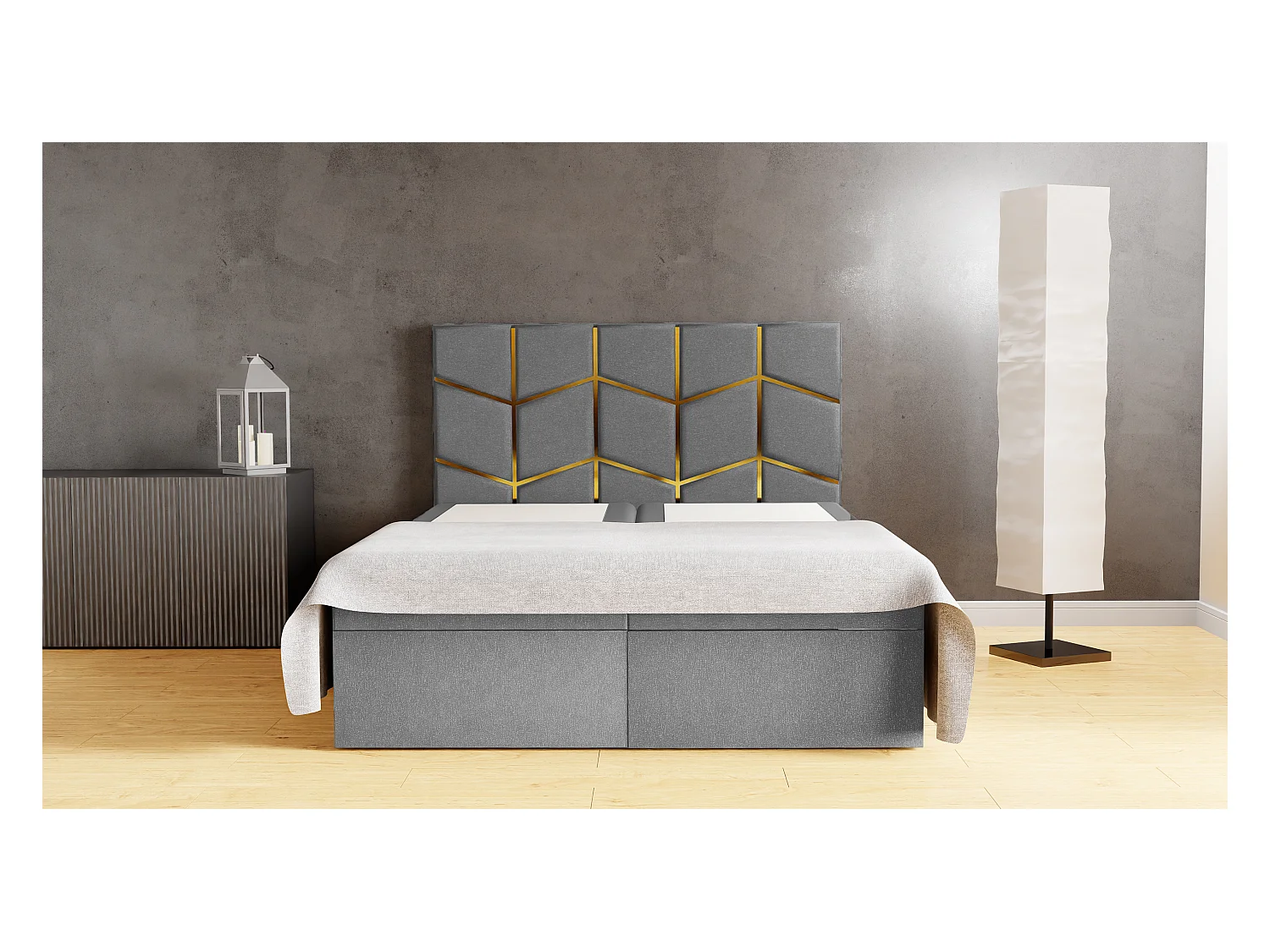 Letto imbottito FOREST 160x200x133 cm, vano contenitore, tessuto Monolith, H 50 cm, testiera elegante, sollevamento a gas, topper Argento
