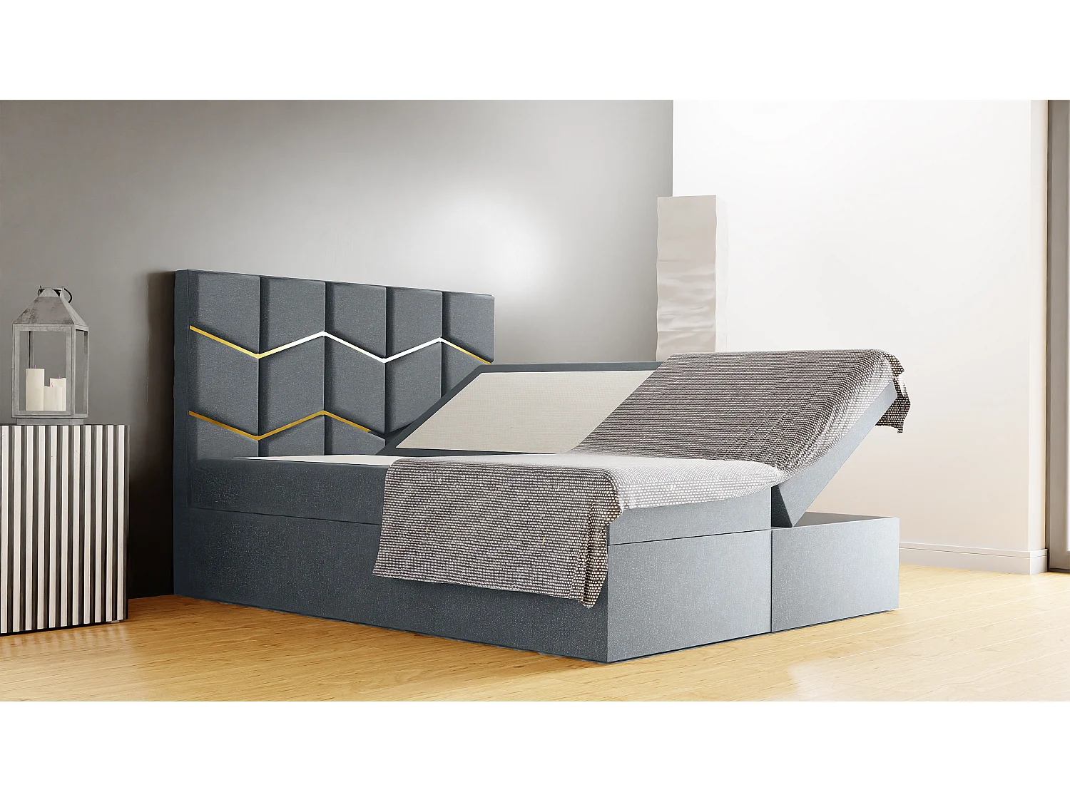 Lit rembourré FOREST 160x200x133 cm, avec rangement, tissu Monolith, hauteur 50 cm, tête élégante, vérins à gaz, avec surmatelas Argent