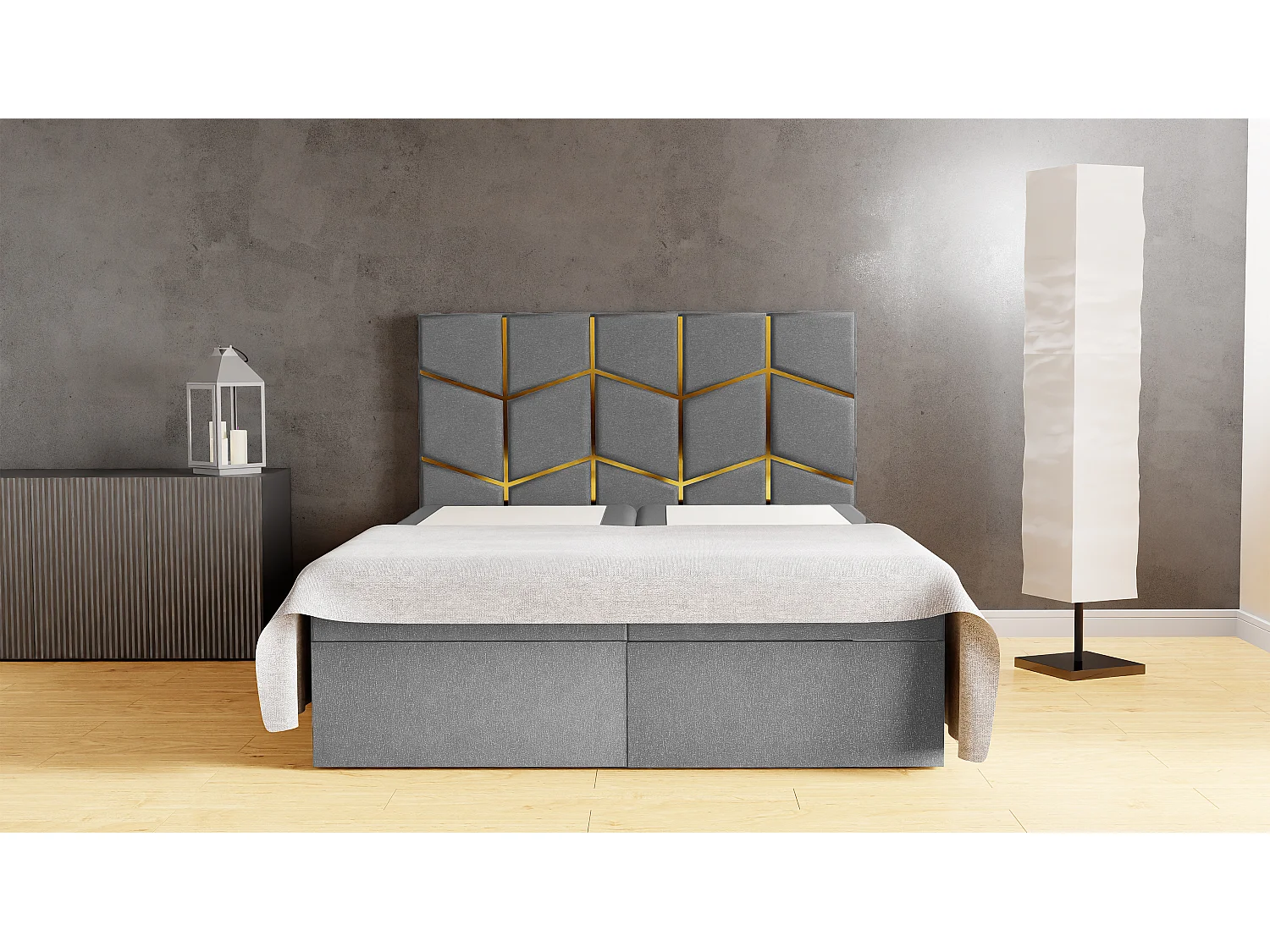 Lit rembourré FOREST 160x200x133 cm, avec rangement, tissu Monolith, hauteur 50 cm, tête élégante, vérins à gaz, avec surmatelas Argent