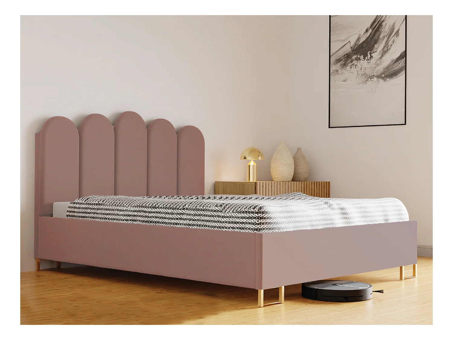 Lit MALAGA rembourré, tissu MONOLITH, coffre avec vérins à gaz, hauteur 39 cm, 200×200 cm, rose poudré