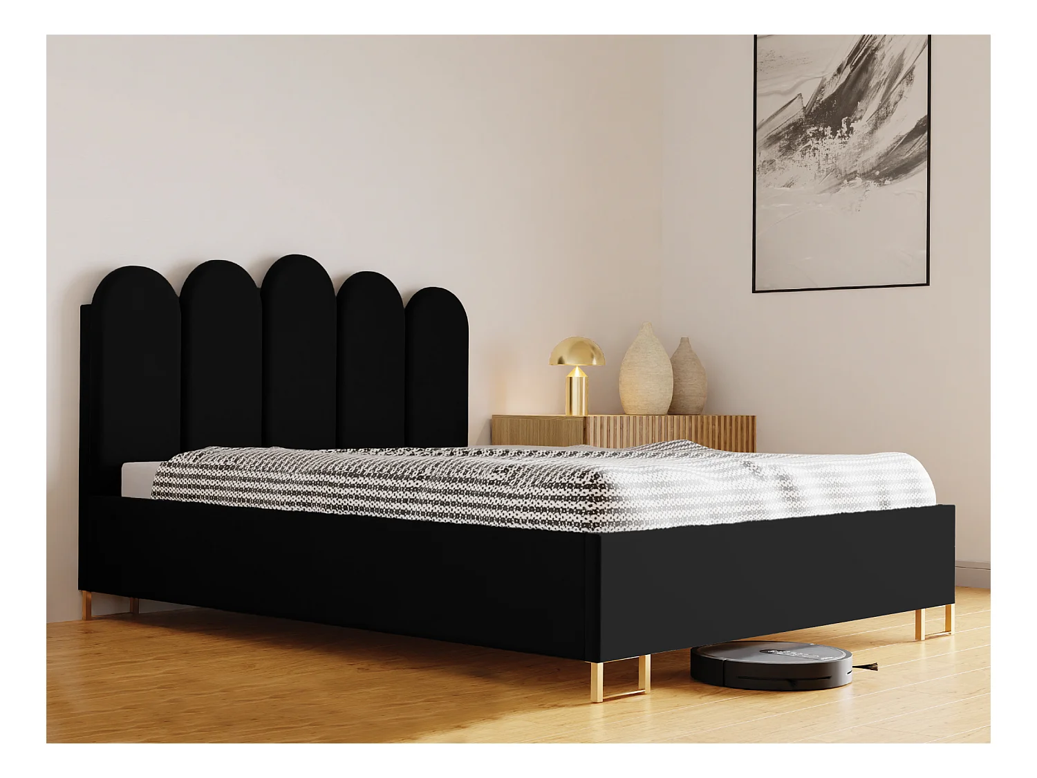 Lit MALAGA, tête de lit rembourrée, revêtement VELUTTO haut de gamme, coffre avec vérins à gaz, hauteur confort 39 cm, 120x200 cm, Noir