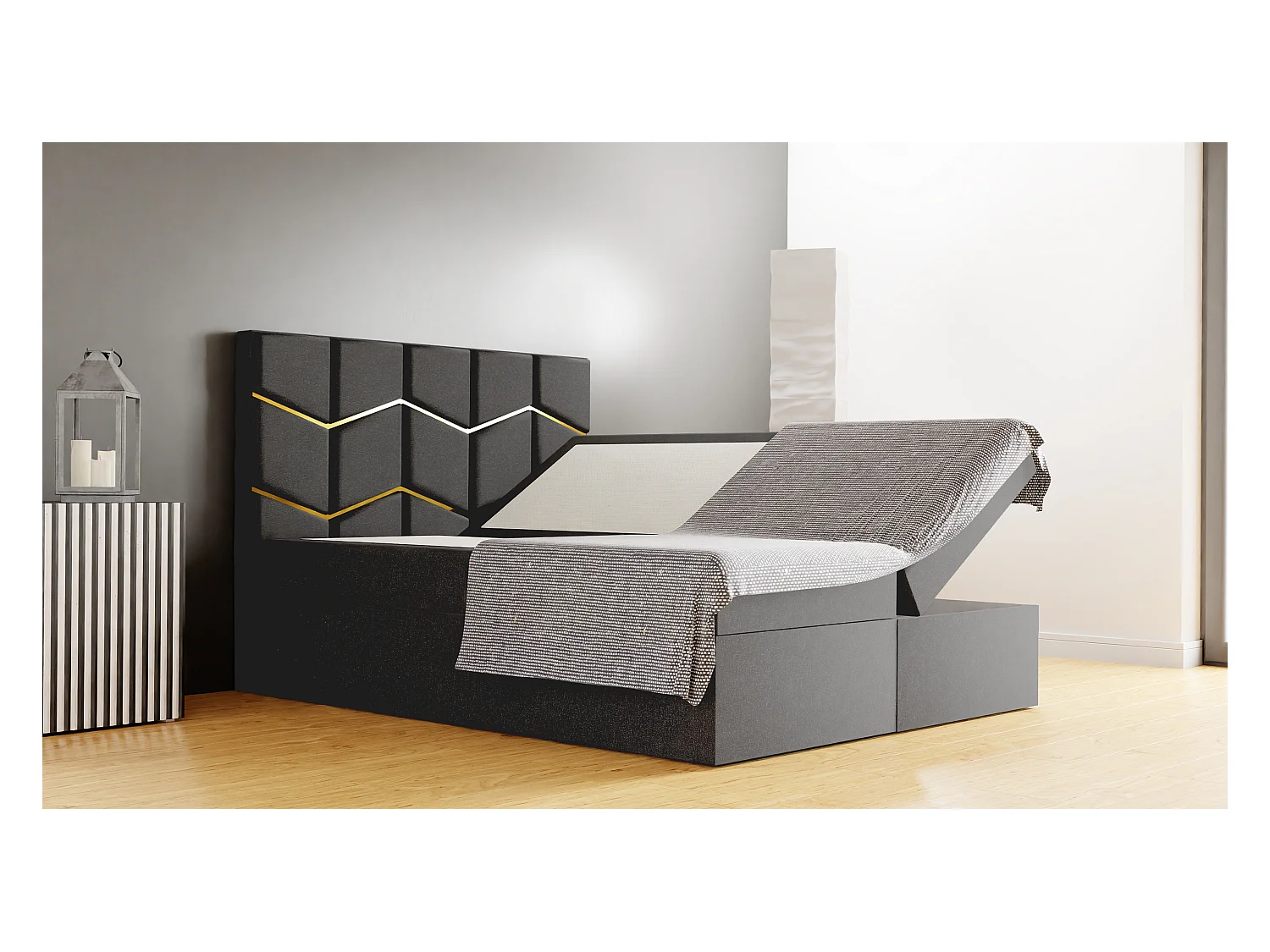 FOREST gestoffeerd bed 160x200x133 cm met opbergruimte, Monolit-bekleding, slaaphoogte 50 cm, elegant hoofdbord, gasveren, topper