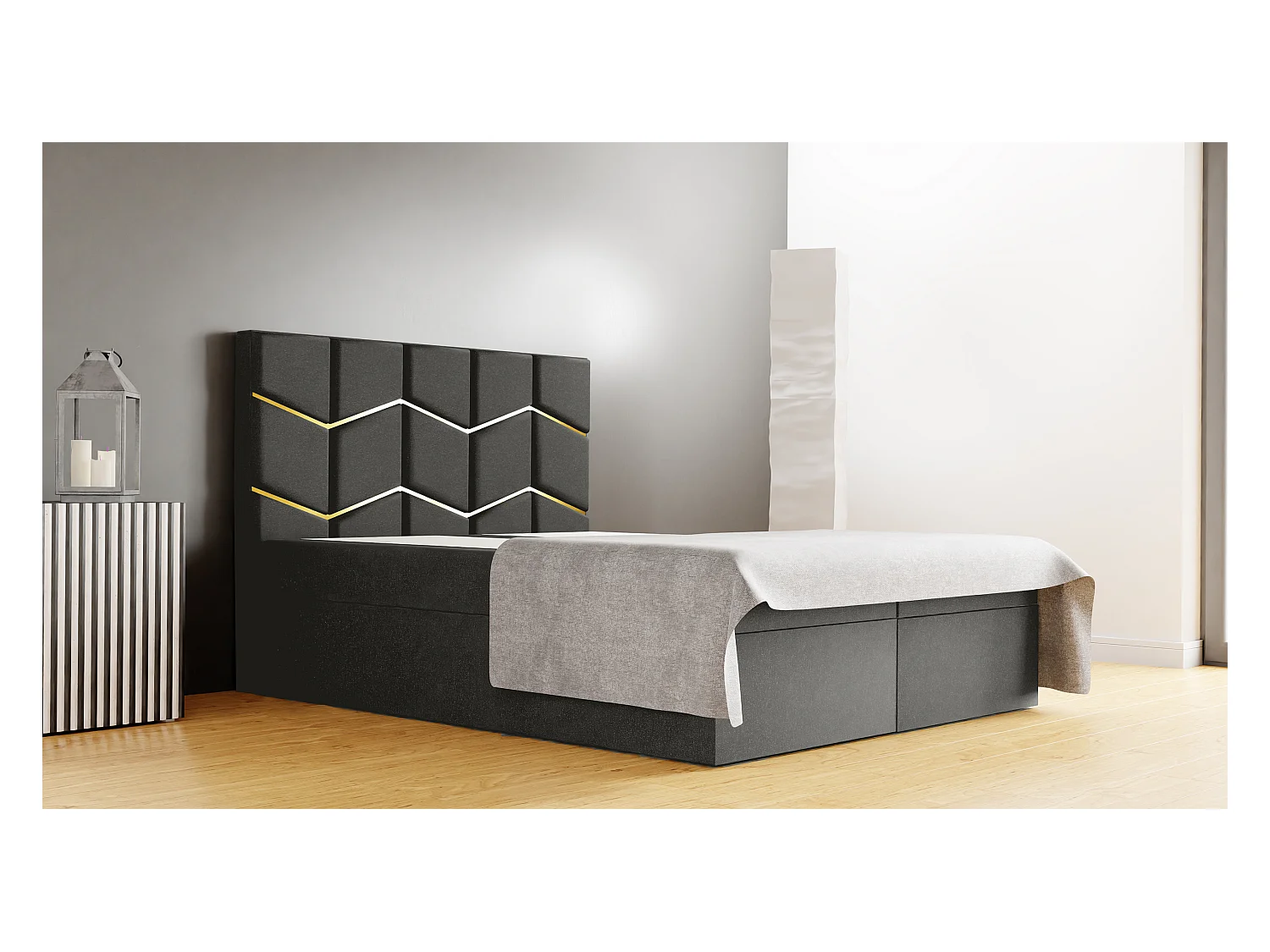 FOREST gestoffeerd bed 160x200x133 cm met opbergruimte, Monolit-bekleding, slaaphoogte 50 cm, elegant hoofdbord, gasveren, topper