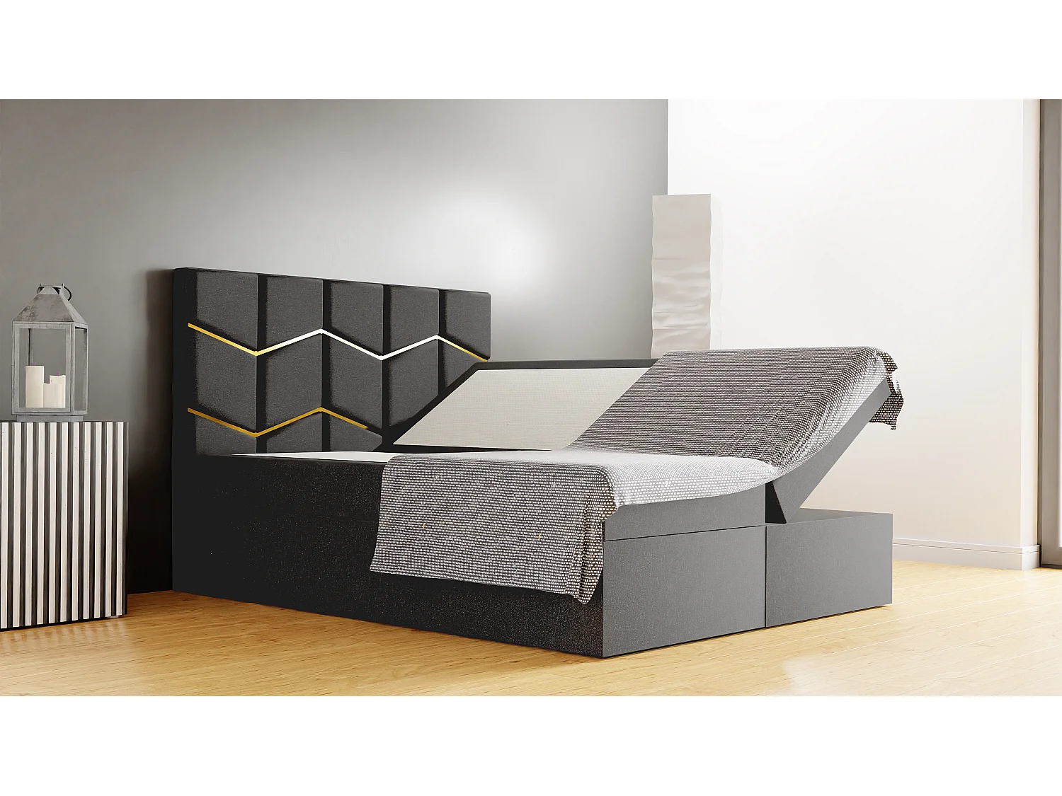 Letto imbottito FOREST 160x200x133 cm, vano contenitore, tessuto Monolith, H 50 cm, testiera elegante, sollevamento a gas, topper