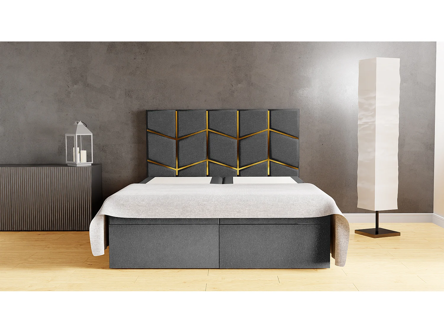 Letto imbottito FOREST 160x200x133 cm, vano contenitore, tessuto Monolith, H 50 cm, testiera elegante, sollevamento a gas, topper