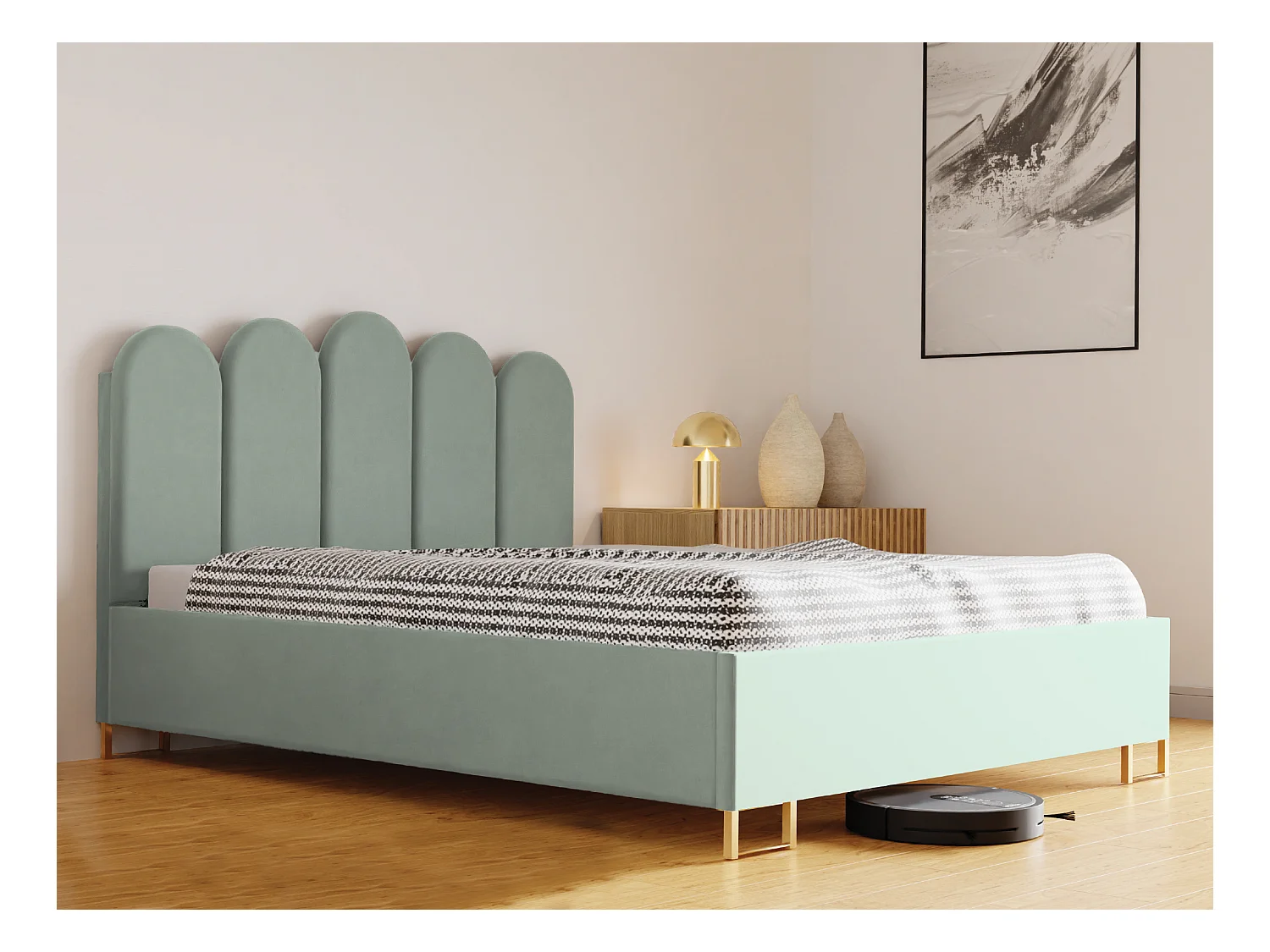 Lit MALAGA, tête de lit rembourrée, revêtement VELUTTO haut de gamme, coffre avec vérins à gaz, hauteur confort 39 cm, 180x200 cm, Vert clair
