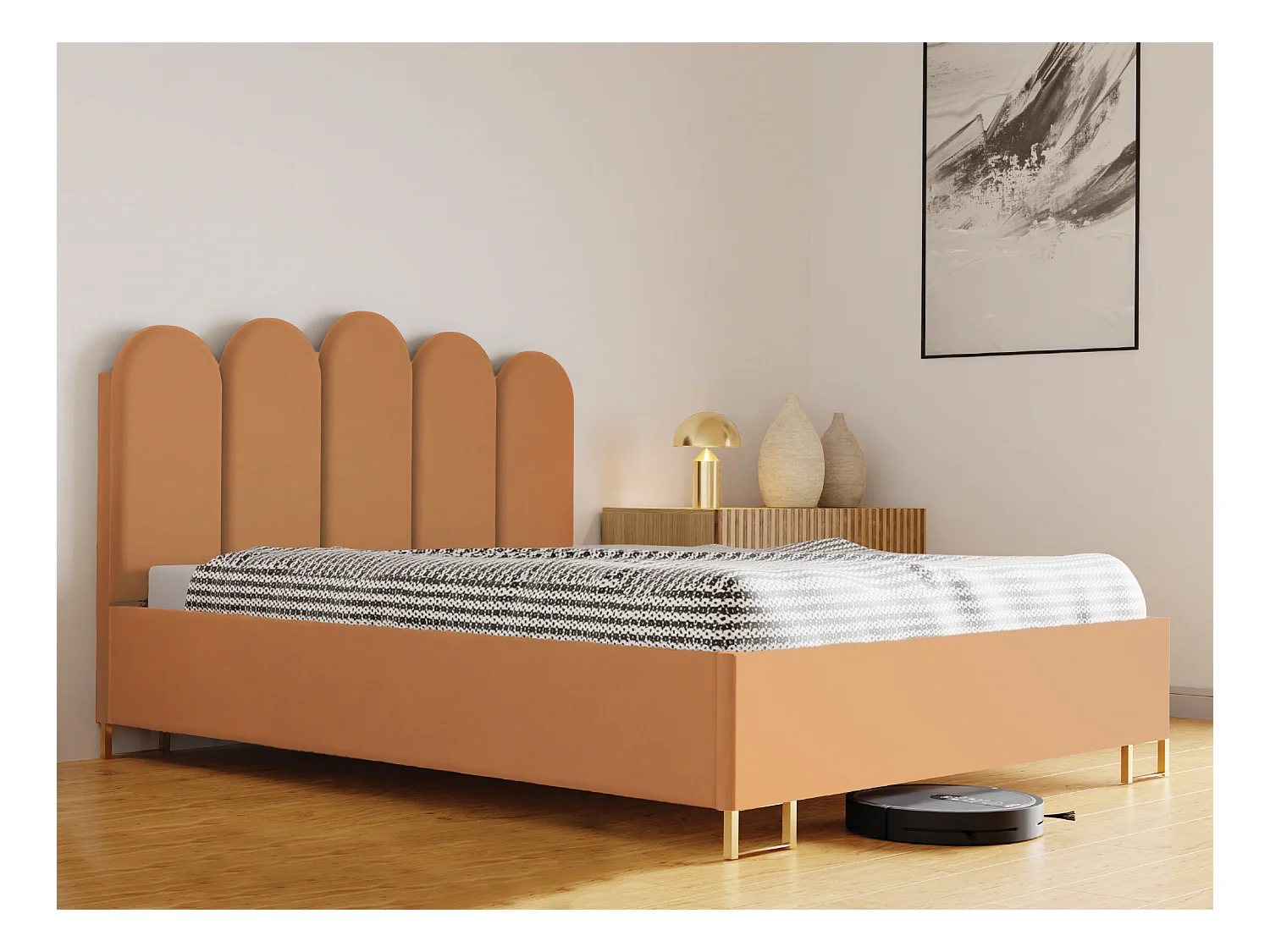 MALAGA gestoffeerd bed, MONOLITH-stof, opbergruimte met gasveer, hoofdbord, 140×200 cm, Oranje