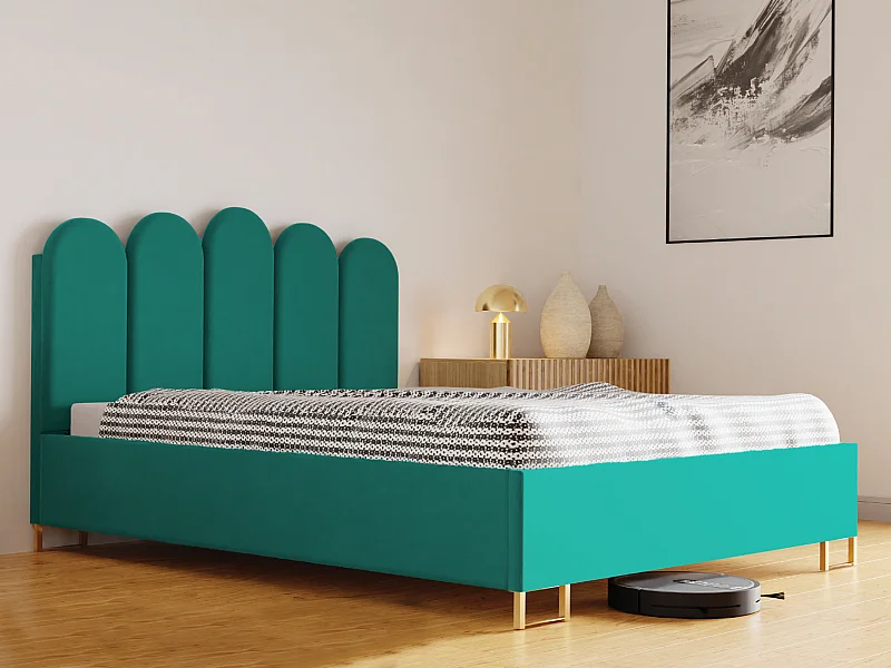 Polsterbed MALAGA, gestoffeerde rugleuning, VELUTTO-stof, opbergbox met gasdrukveer, comfortabele bedhoogte 39 cm, 160x200 cm, Groen