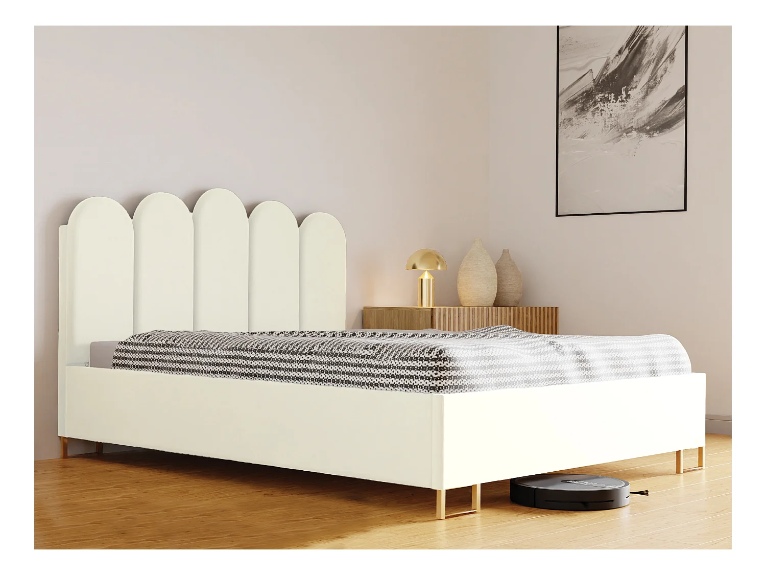 Lit MALAGA, tête de lit rembourrée, revêtement VELUTTO haut de gamme, coffre avec vérins à gaz, hauteur confort 39 cm, 120x200 cm, Blanc