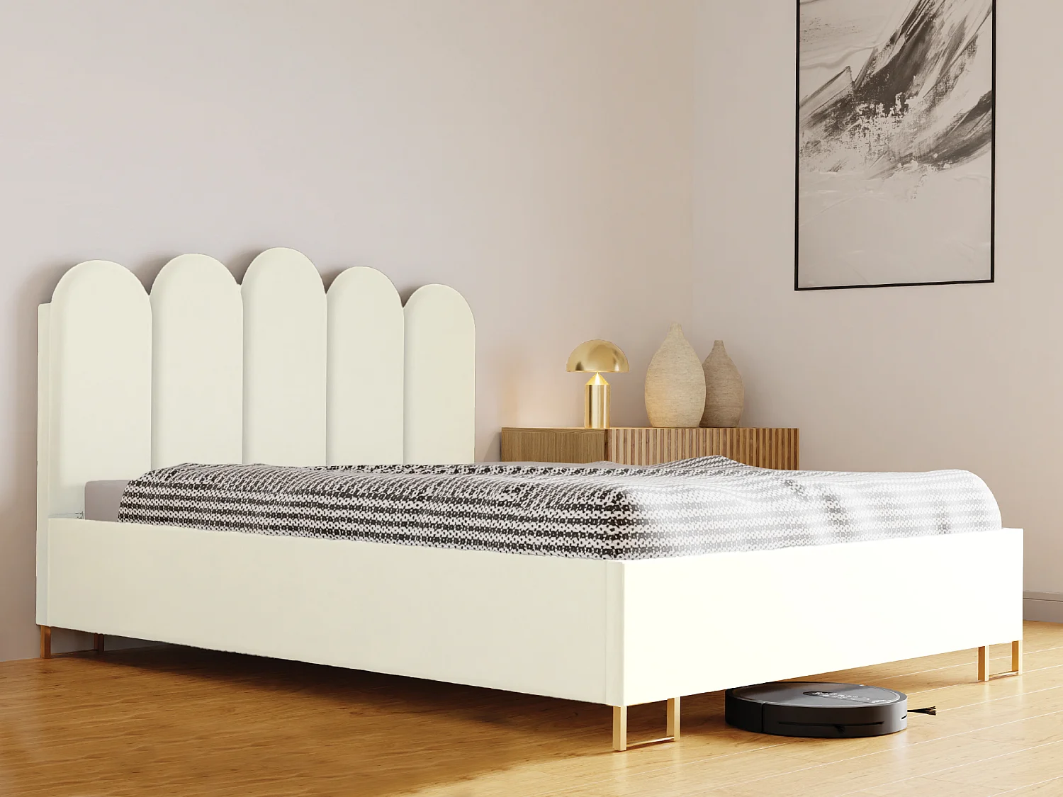 Letto imbottito MALAGA, testiera, rivestimento VELUTTO, box contenitore con pistone a gas, altezza letto 39 cm, 120x200 cm, Bianco