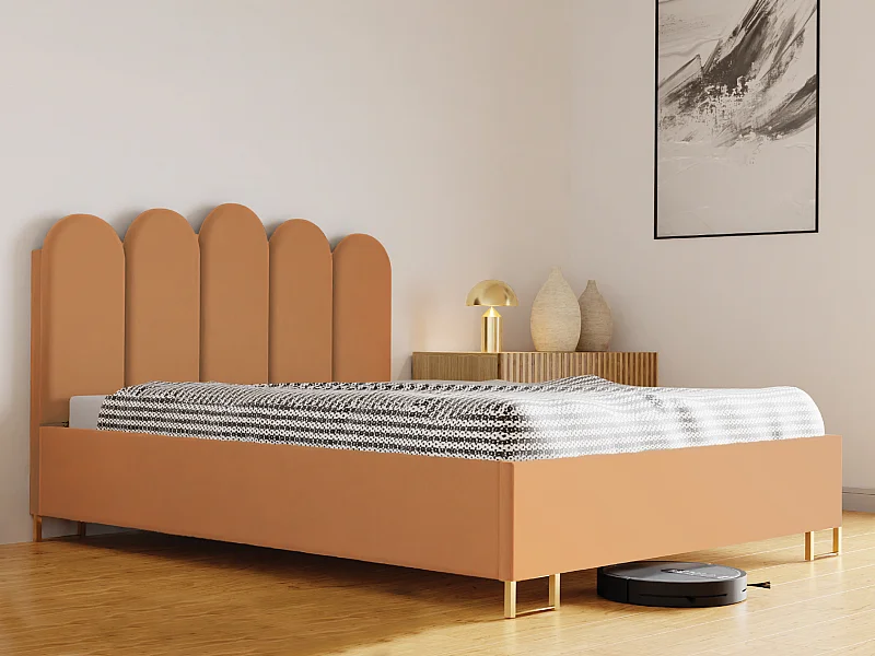 MALAGA gestoffeerd bed, MONOLITH-stof, opbergruimte met gasveer, hoofdbord, 120×200 cm, Oranje