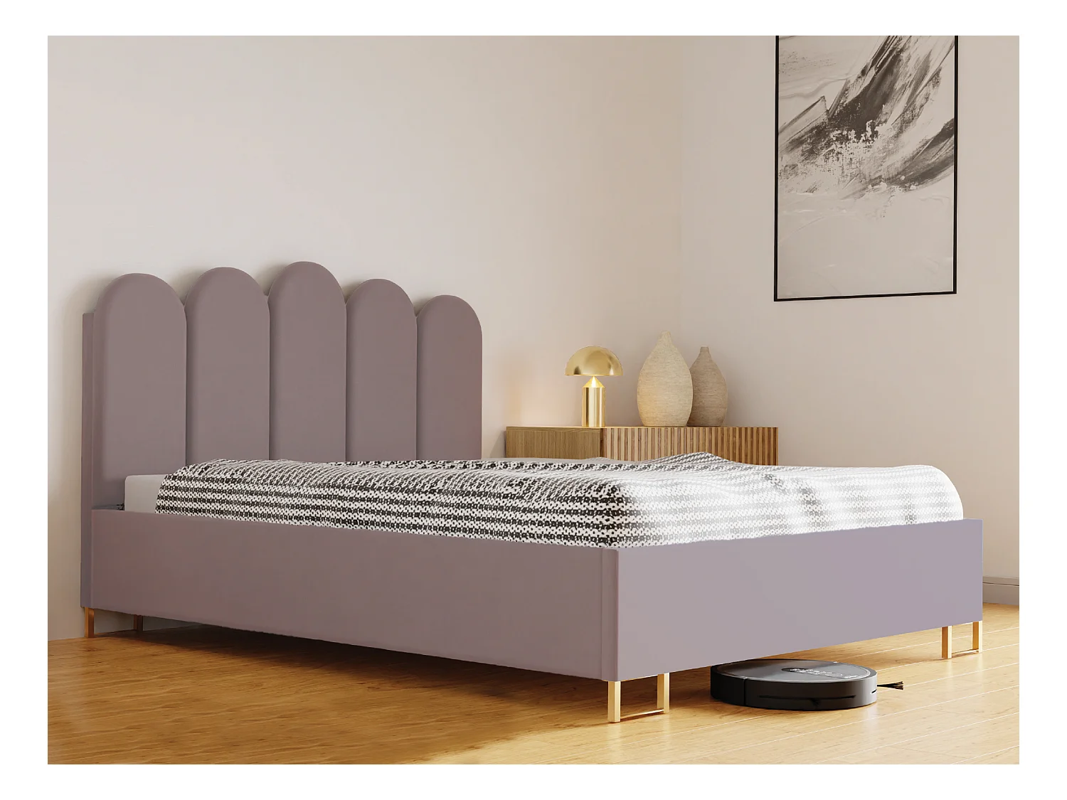 Lit MALAGA rembourré, tissu MONOLITH, coffre avec vérins à gaz, hauteur 39 cm, 120×200 cm, frêne