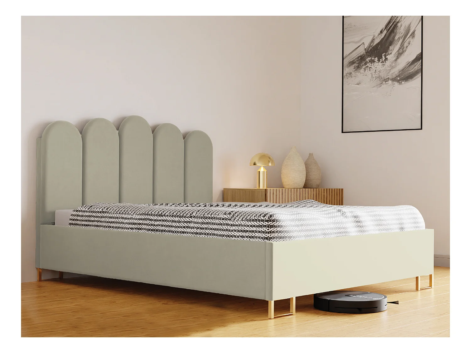 Lit MALAGA rembourré, tissu MONOLITH, coffre avec vérins à gaz, hauteur 39 cm, 200×200 cm, beige