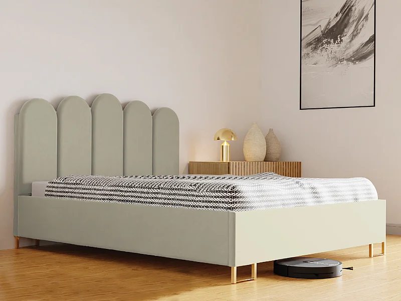 Lit MALAGA rembourré, tissu MONOLITH, coffre avec vérins à gaz, hauteur 39 cm, 200×200 cm, beige