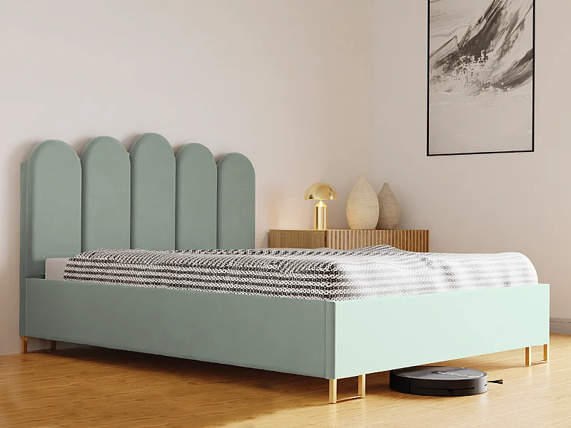 Lit MALAGA, tête de lit rembourrée, revêtement VELUTTO haut de gamme, coffre avec vérins à gaz, hauteur confort 39 cm, 200x200 cm, Vert clair
