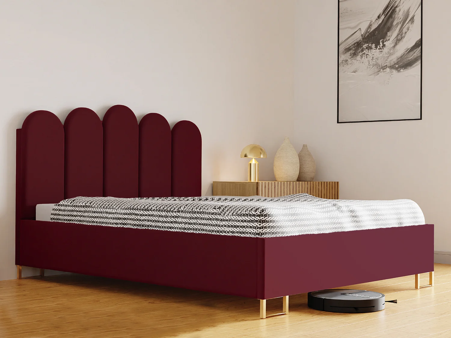 Letto imbottito MALAGA con testiera, tessuto MONOLITH, contenitore a pistoni, altezza 39 cm, 180×200 cm, Rosso