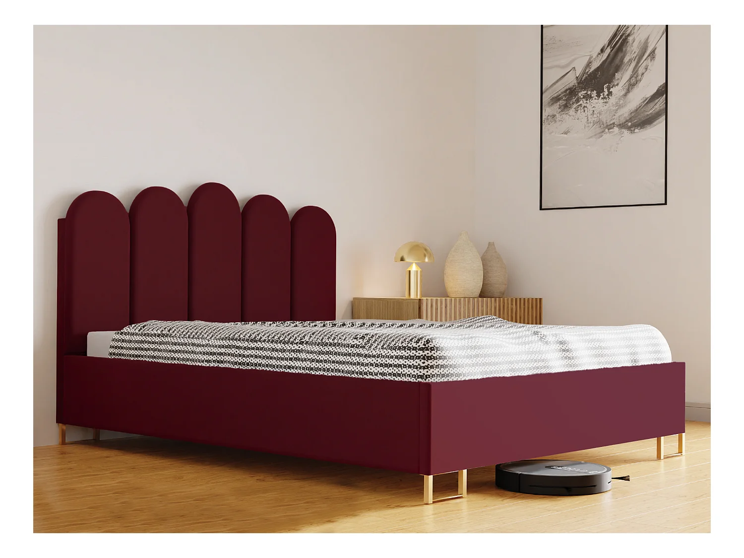 Cama tapizada MALAGA con cabecero, tela MONOLITH, contenedor, pistón de gas, alt. 39 cm, 160×200 cm, roja