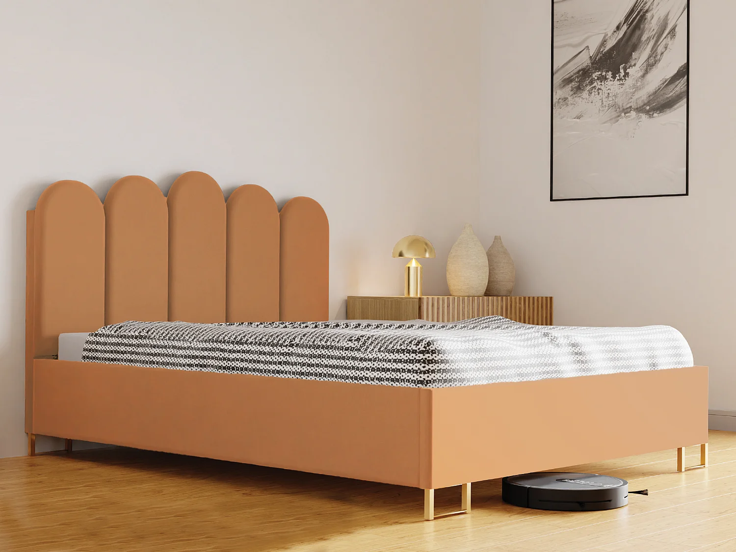 Letto imbottito MALAGA con testiera, tessuto MONOLITH, contenitore a pistoni, altezza 39 cm, 160×200 cm, Arancione