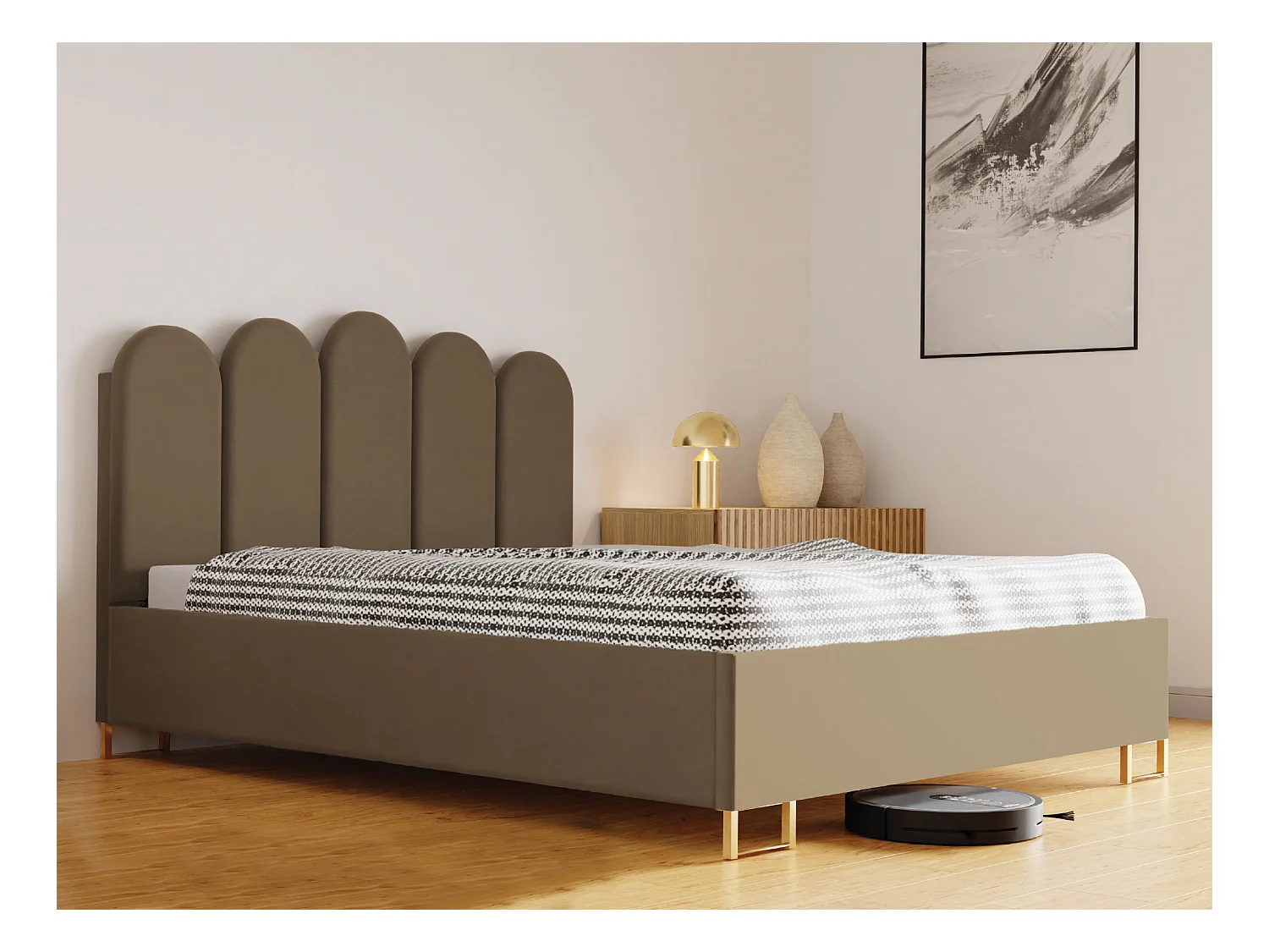 Lit MALAGA rembourré, tissu MONOLITH, coffre avec vérins à gaz, hauteur 39 cm, 160×200 cm, cappuccino