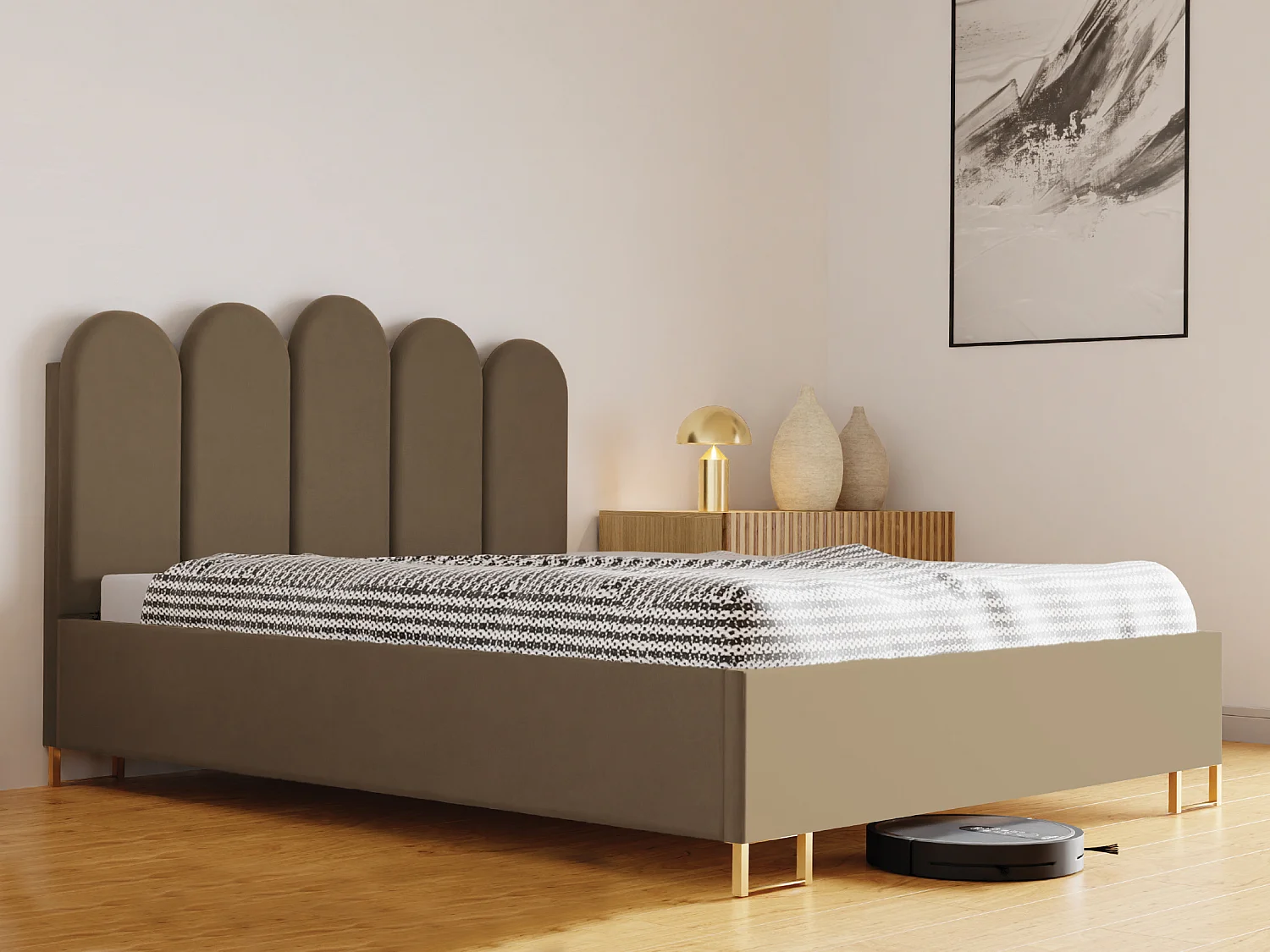 Letto imbottito MALAGA con testiera, tessuto MONOLITH, contenitore a pistoni, altezza 39 cm, 160×200 cm, Cappuccino