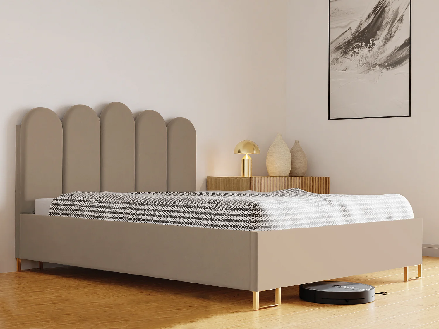 Cama estofada MALAGA, cabeceira acolchoada, tecido VELUTTO premium, baú com pistão a gás, altura confortável 39 cm, 120x200 cm, Creme