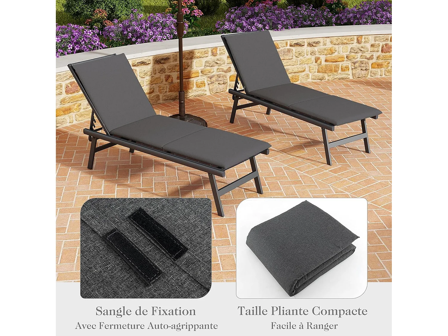 Ligkussen, kussen voor ligstoel, kussen voor tuinstoel, ligstoel, 182 x 59 x 4,5 cm (donkergrijs)