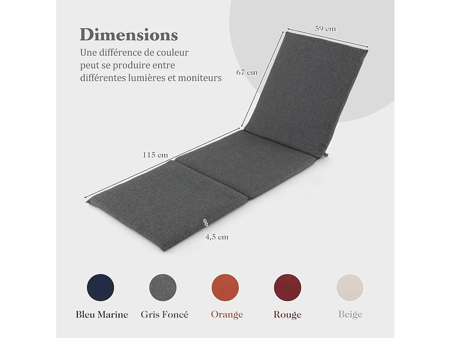 Ligkussen, kussen voor ligstoel, kussen voor tuinstoel, ligstoel, 182 x 59 x 4,5 cm (donkergrijs)