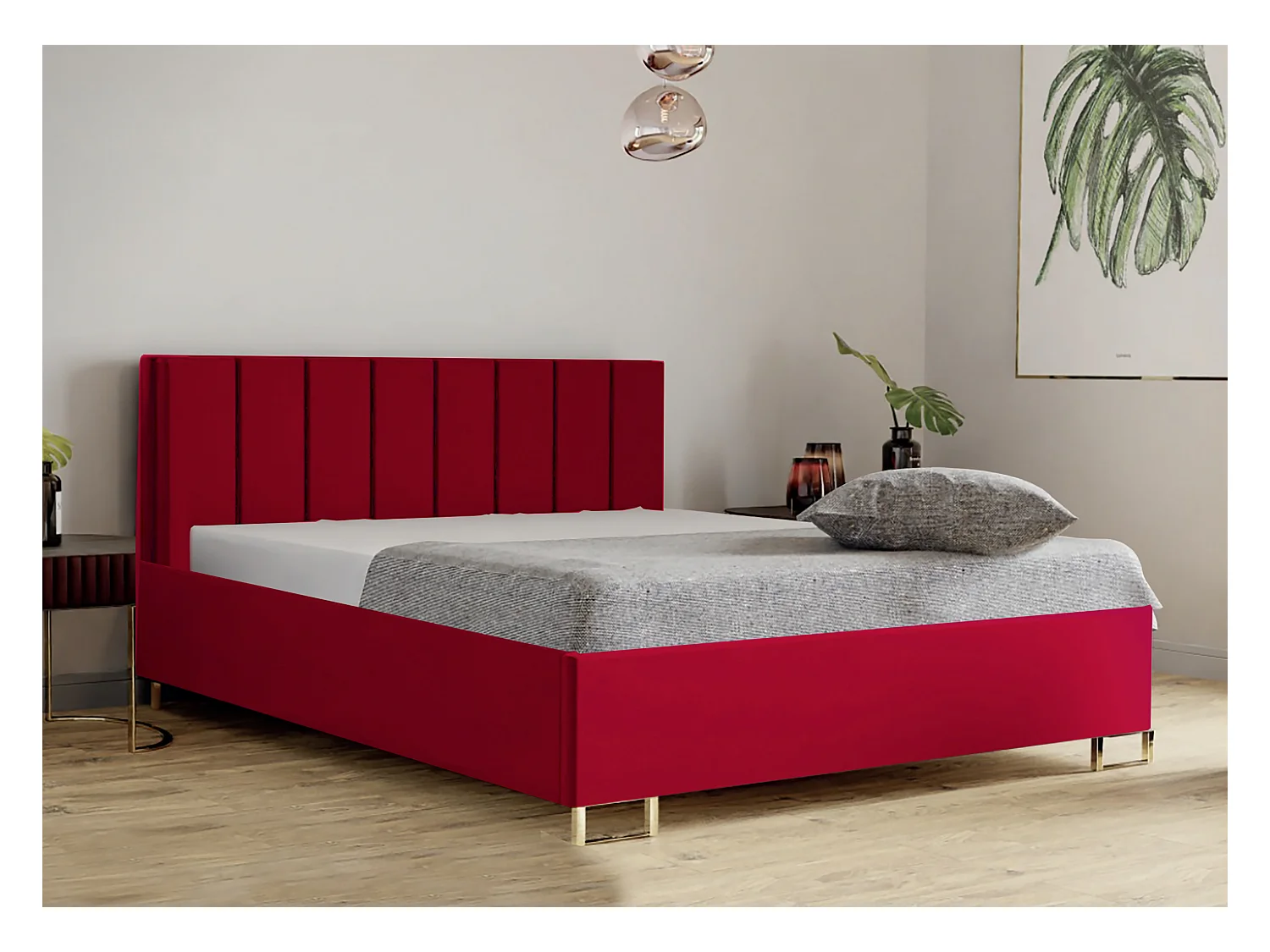Letto imbottito MALIBU, testiera, rivestimento VELUTTO, box contenitore con pistone a gas, altezza letto 39 cm, 160x200 cm, Rosso