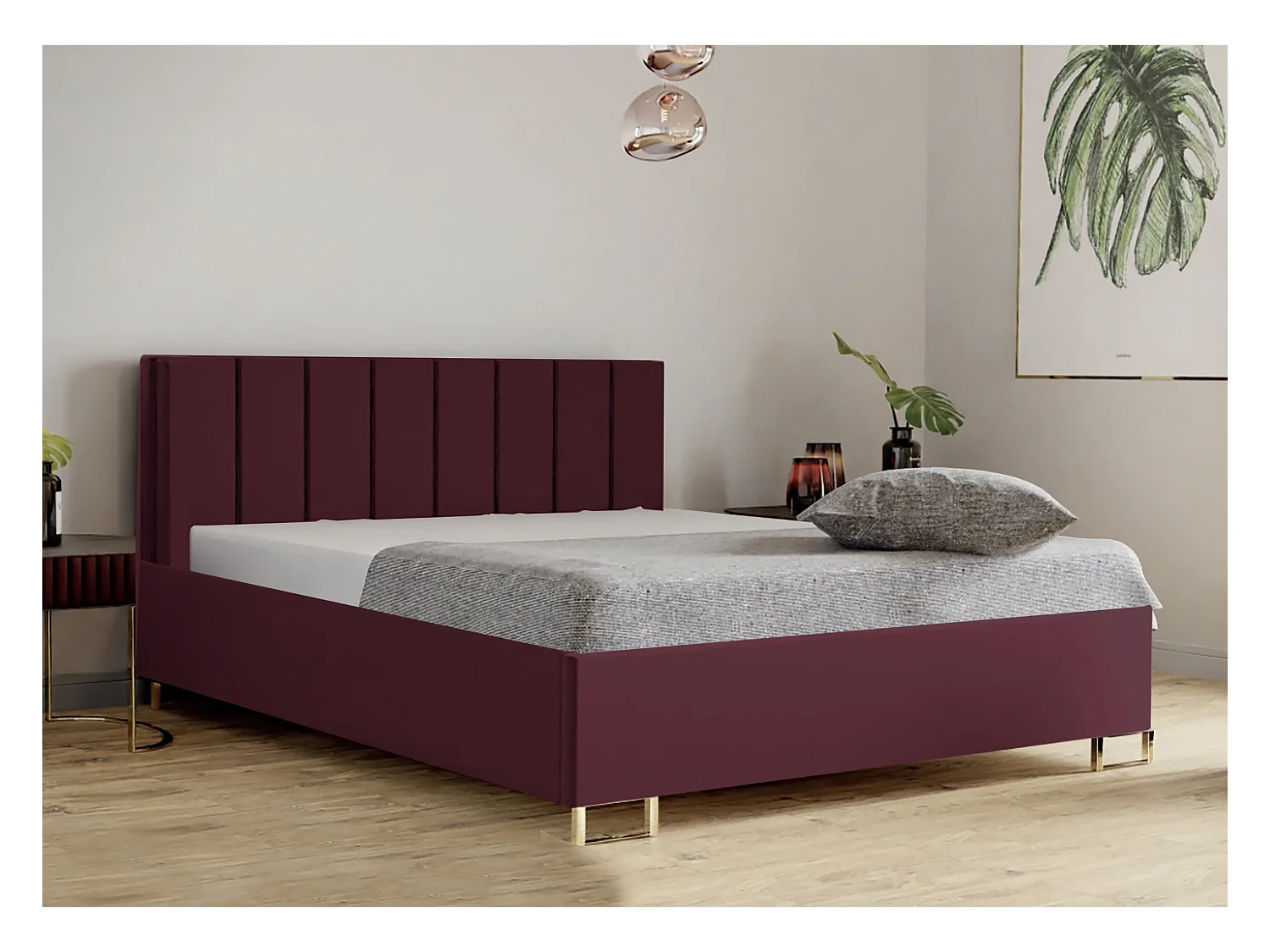 Letto imbottito MALIBU, testiera, rivestimento VELUTTO, box contenitore con pistone a gas, altezza letto 39 cm, 200x200 cm, Ciliegia