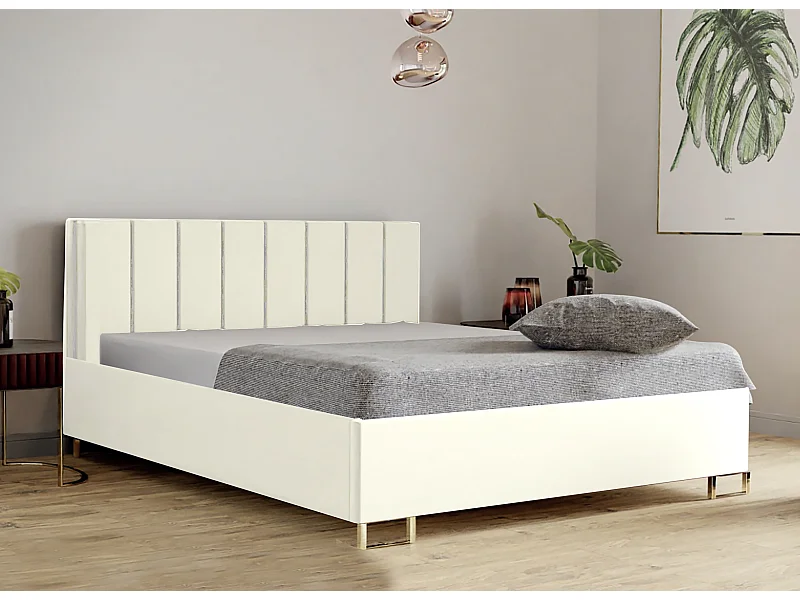 Letto imbottito MALIBU, testiera, rivestimento VELUTTO, box contenitore con pistone a gas, altezza letto 39 cm, 160x200 cm, Bianco