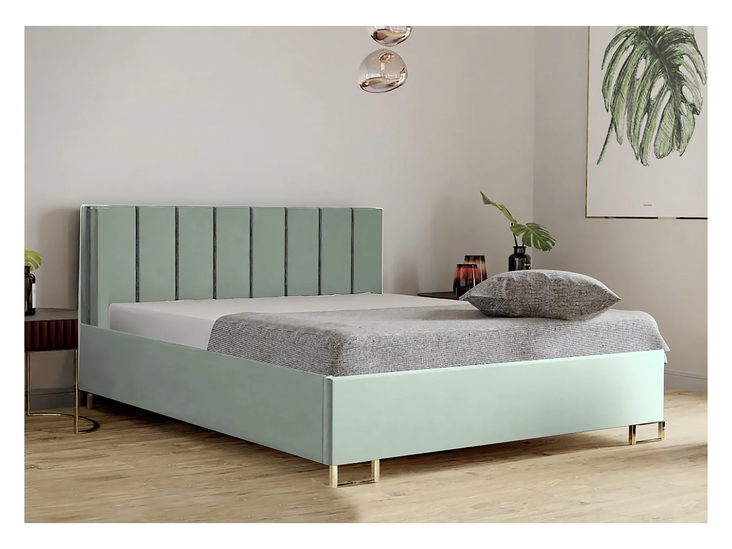 Letto imbottito MALIBU, testiera, rivestimento VELUTTO, box contenitore con pistone a gas, altezza letto 39 cm, 120x200 cm, Verde chiaro