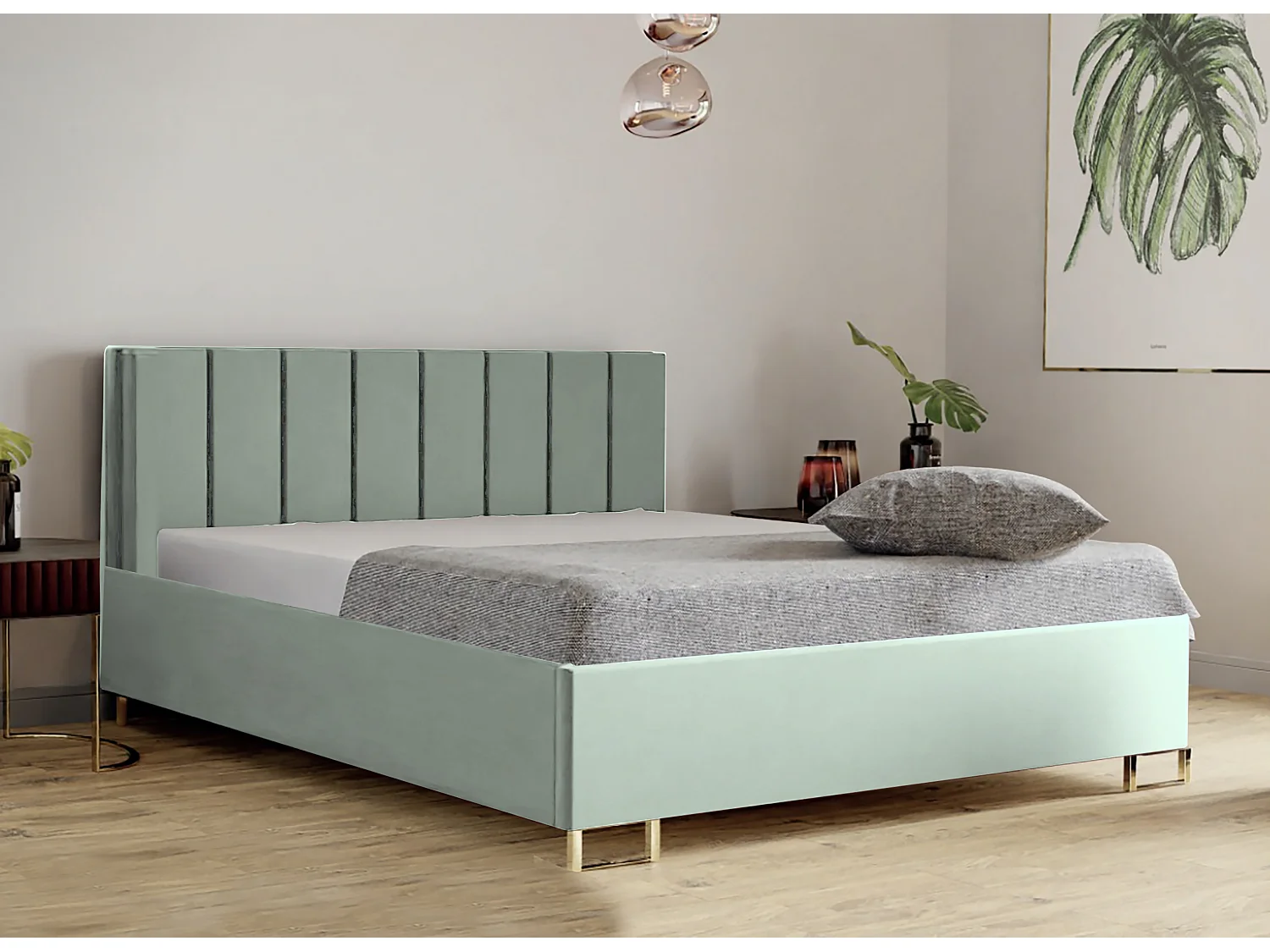 Lit MALIBU, tête de lit rembourrée, revêtement VELUTTO haut de gamme, coffre avec vérins à gaz, hauteur confort 39 cm, 120x200 cm, Vert clair